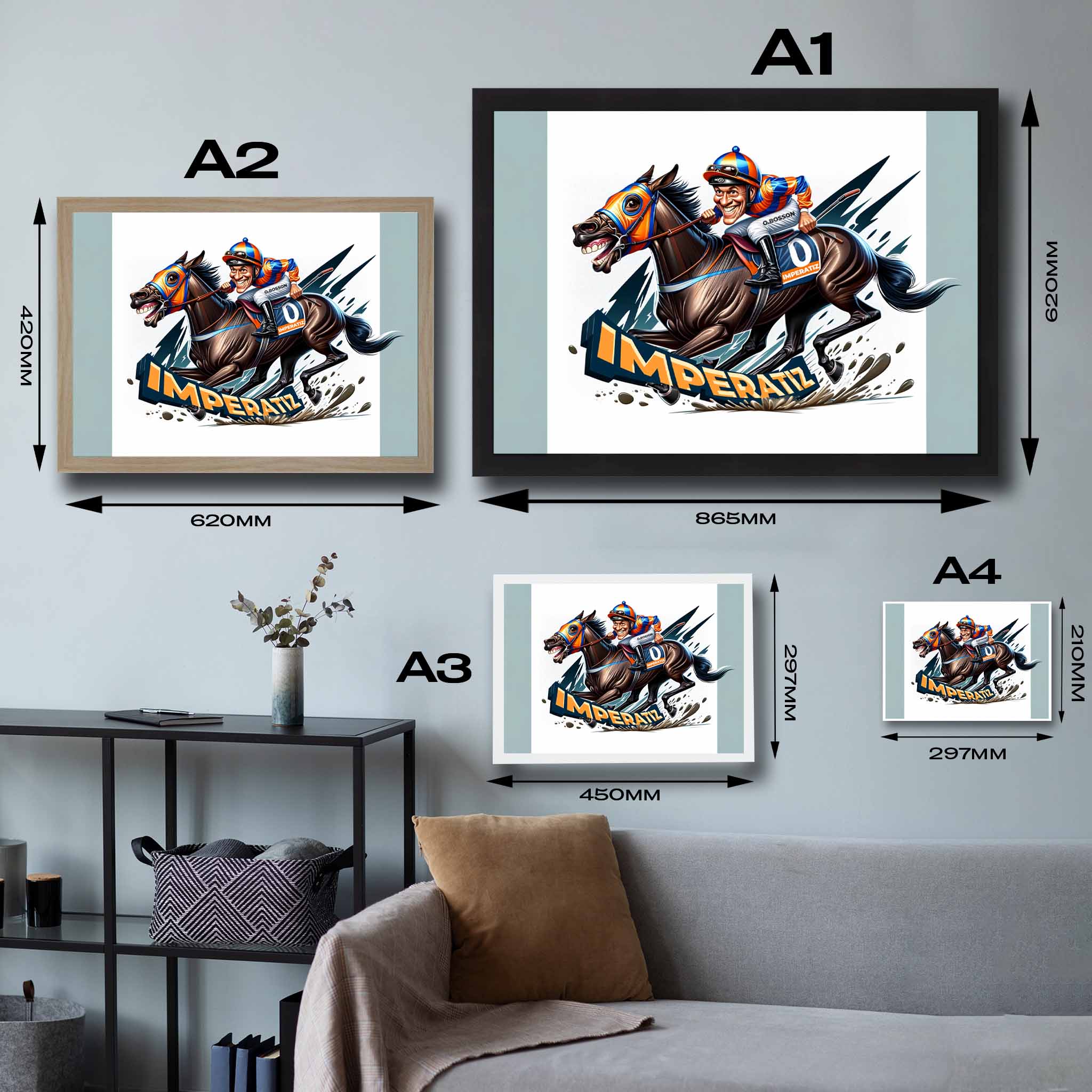 Sizing chart of Imperatiz caricature framed.