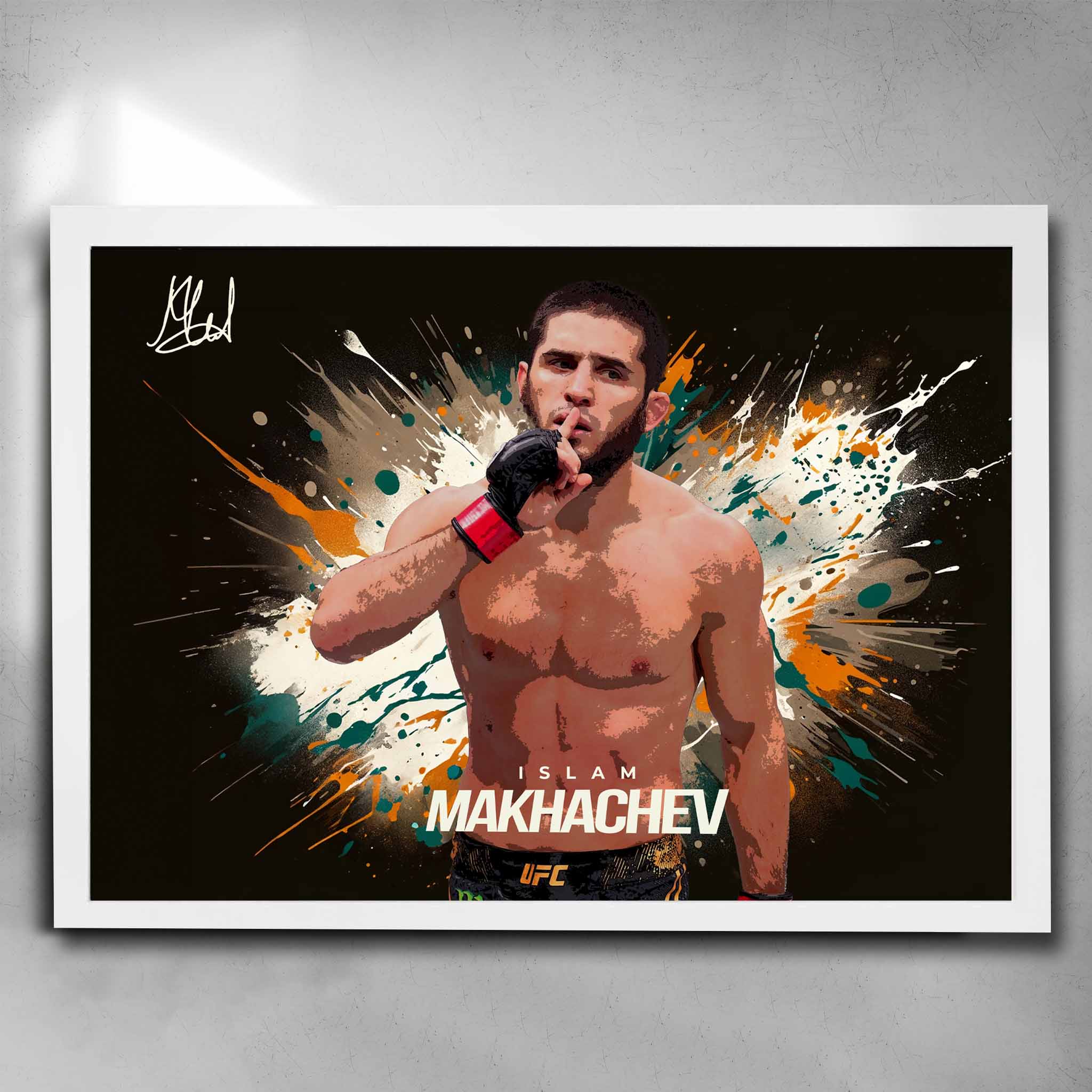 White framed Islam Makhachev UFC Signed Poster by Sports Cave.