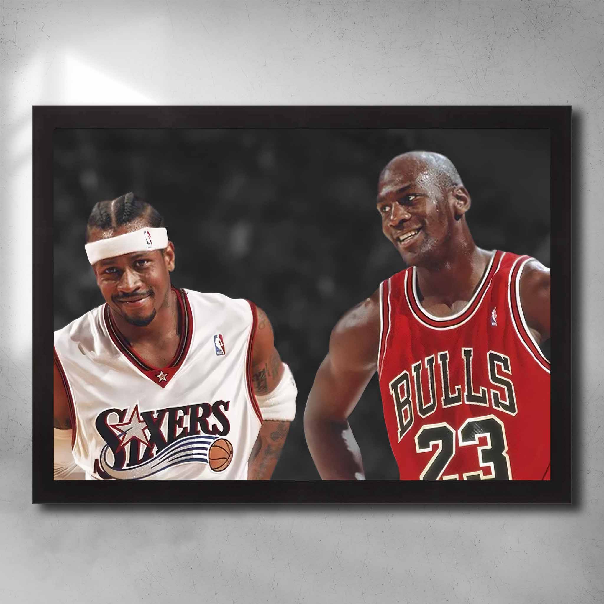 Sports Cave's Iverson & Jordan Goat Art poster in a sleek black frame, showcasing the basketball legends in action on the court.