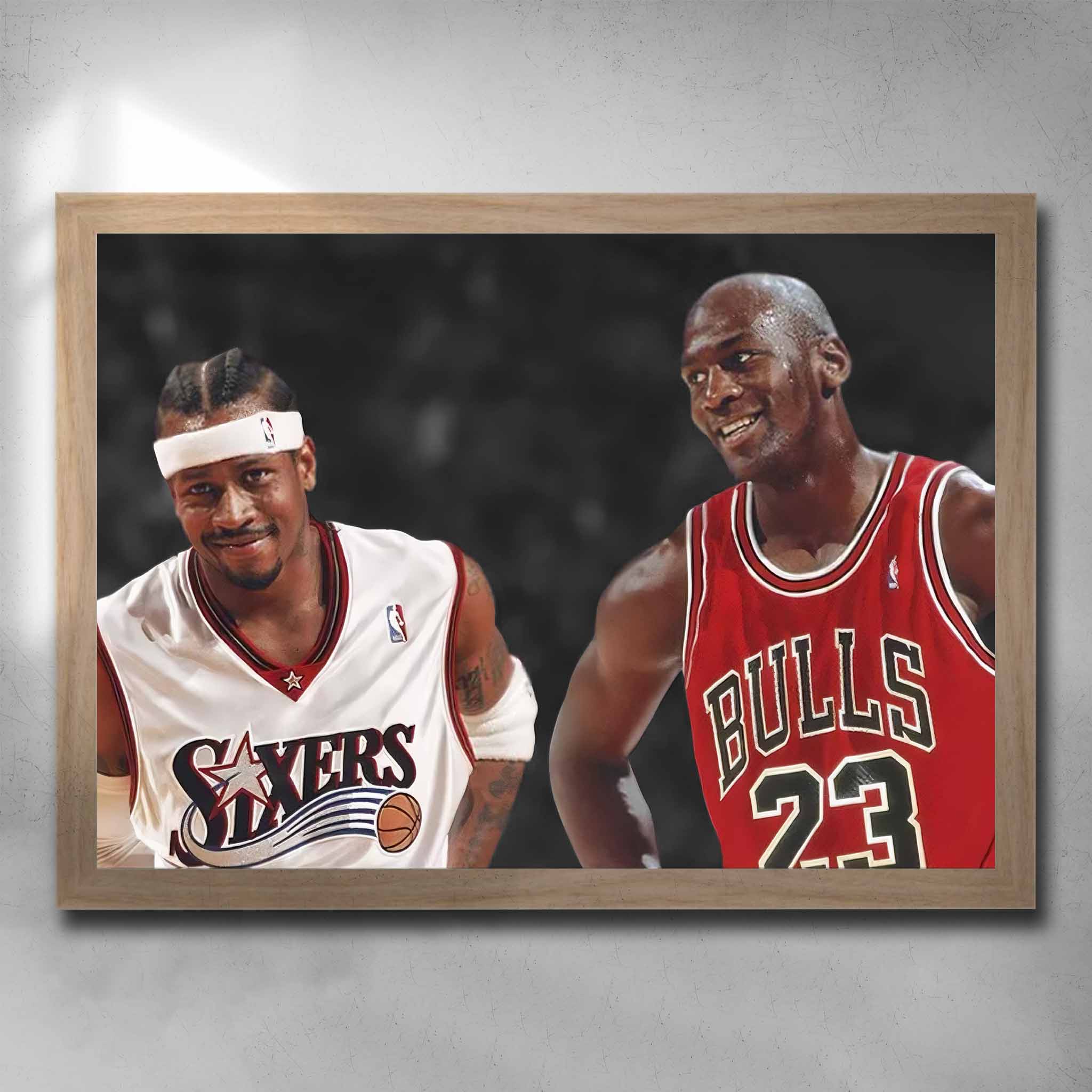 Sports Cave's Iverson & Jordan Goat Art poster framed in a classic oak, highlighting the legendary basketball players in a timeless presentation.