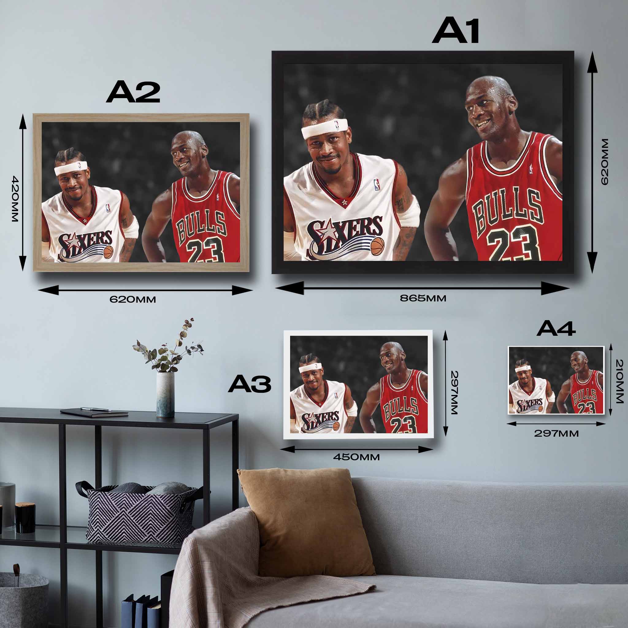 Size guide showing dimensions for Sports Cave's Iverson & Jordan Goat Art posters, available in various sizes to fit any space.