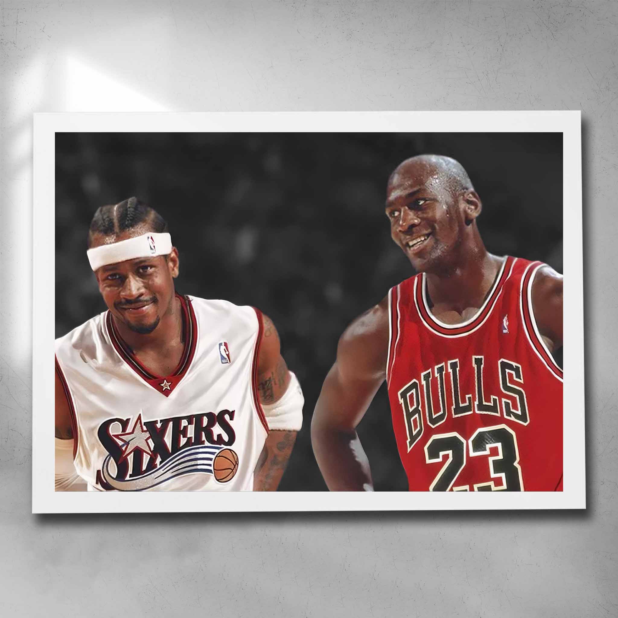 Iconic Iverson & Jordan Goat Art poster by Sports Cave, encased in a modern white frame, accentuating the dynamic poses of the basketball legends.