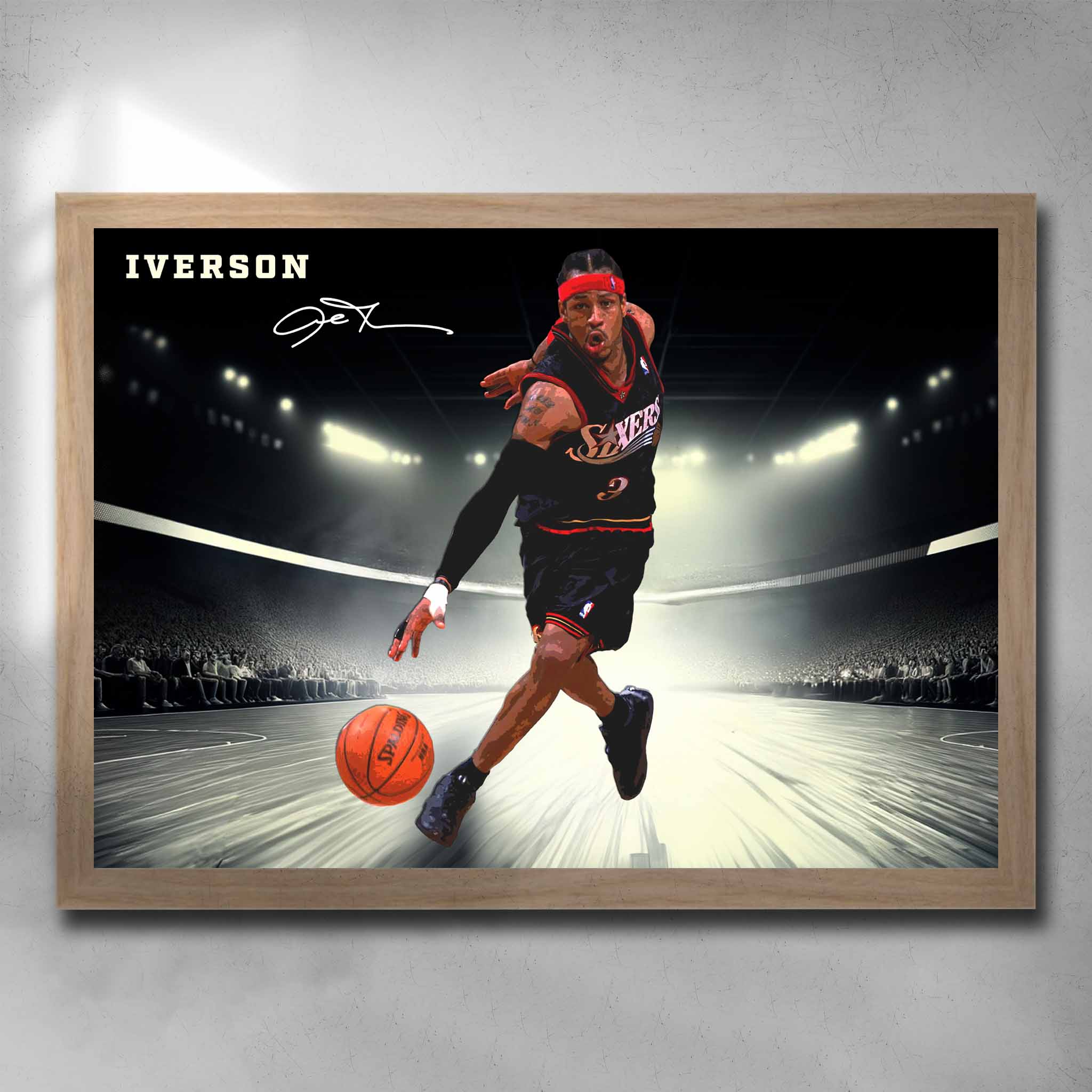 Oak framed basketball art by Sports Cave, featuring NBA legend Allen Iverson from the Sixers.