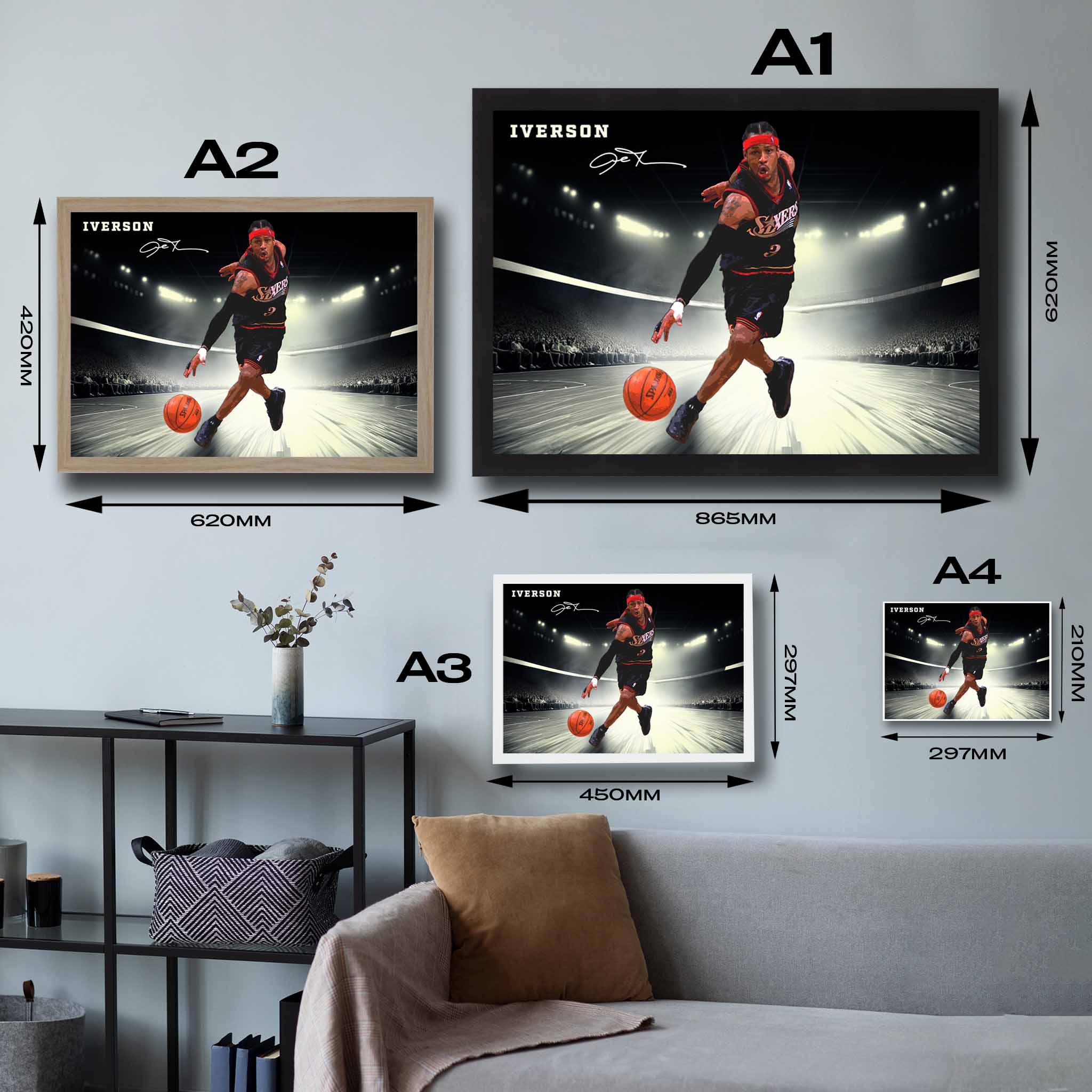 Framed poster sizing guide featuring NBA legend Allen Iverson from the Sixers.