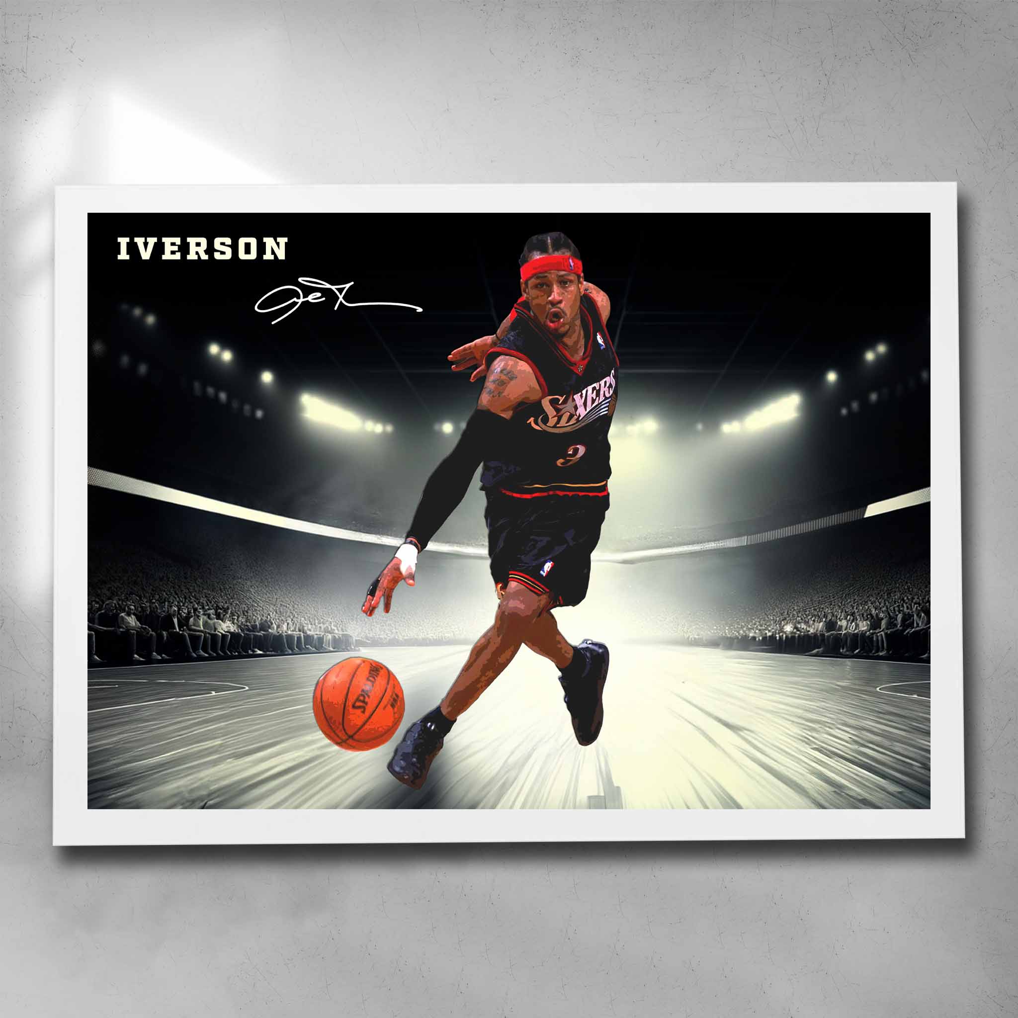 White framed basketball art by Sports Cave, featuring NBA legend Allen Iverson from the Sixers.