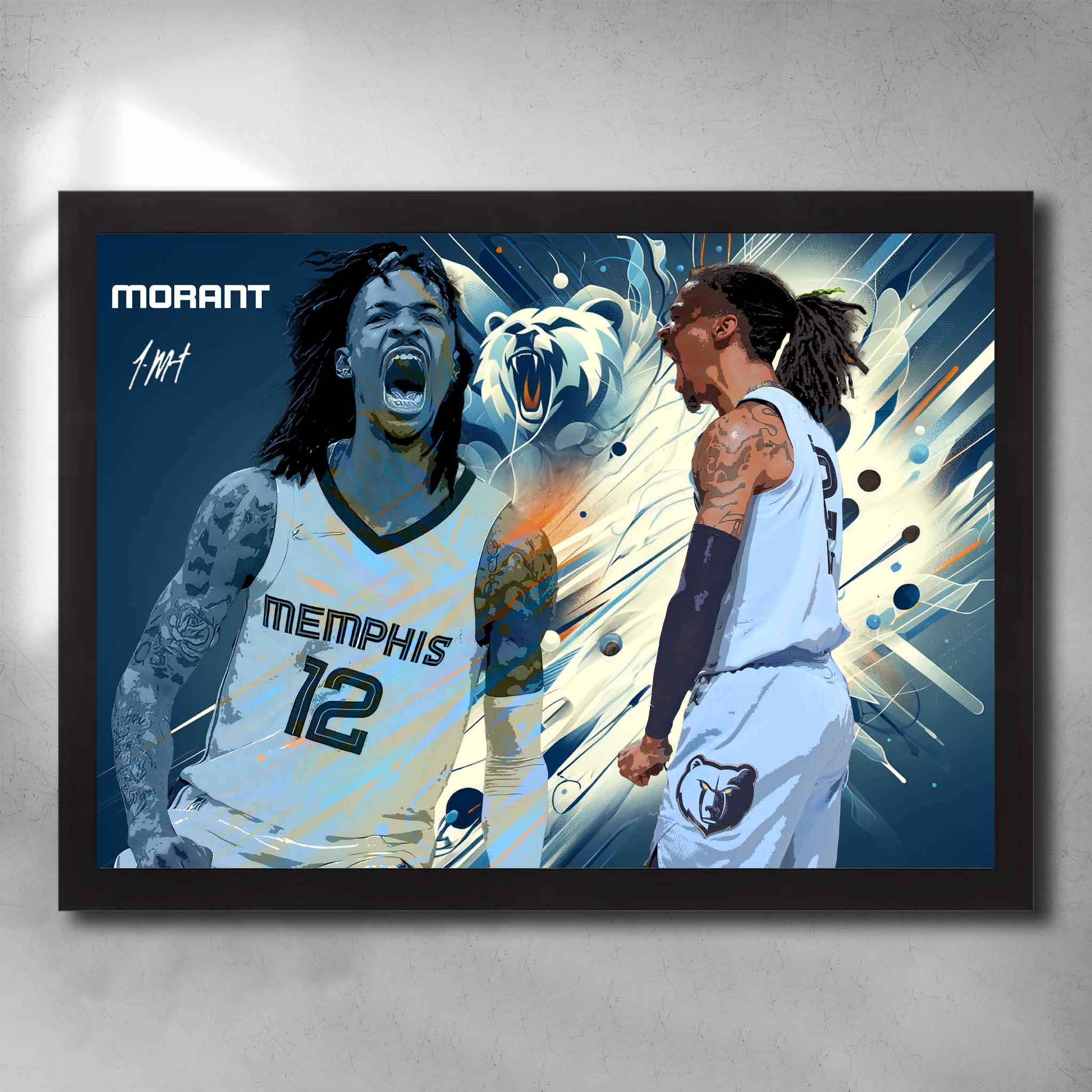 Black framed NBA art by Sports Cave, featuring the basketball player Ja Morant from the Memphis Grizzlies.