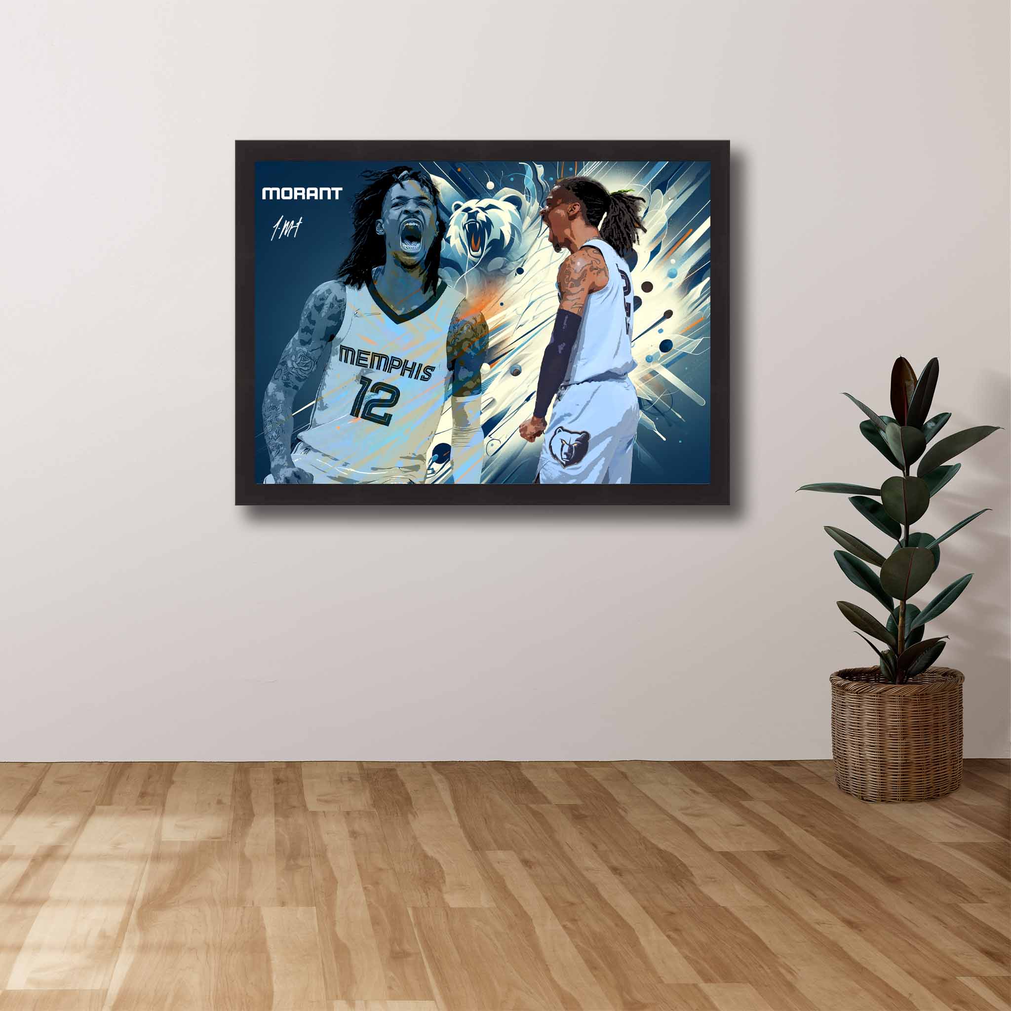 Devoted Memphis Grizzlies fan's tribute: Ja Morant framed art proudly displayed on the wall.