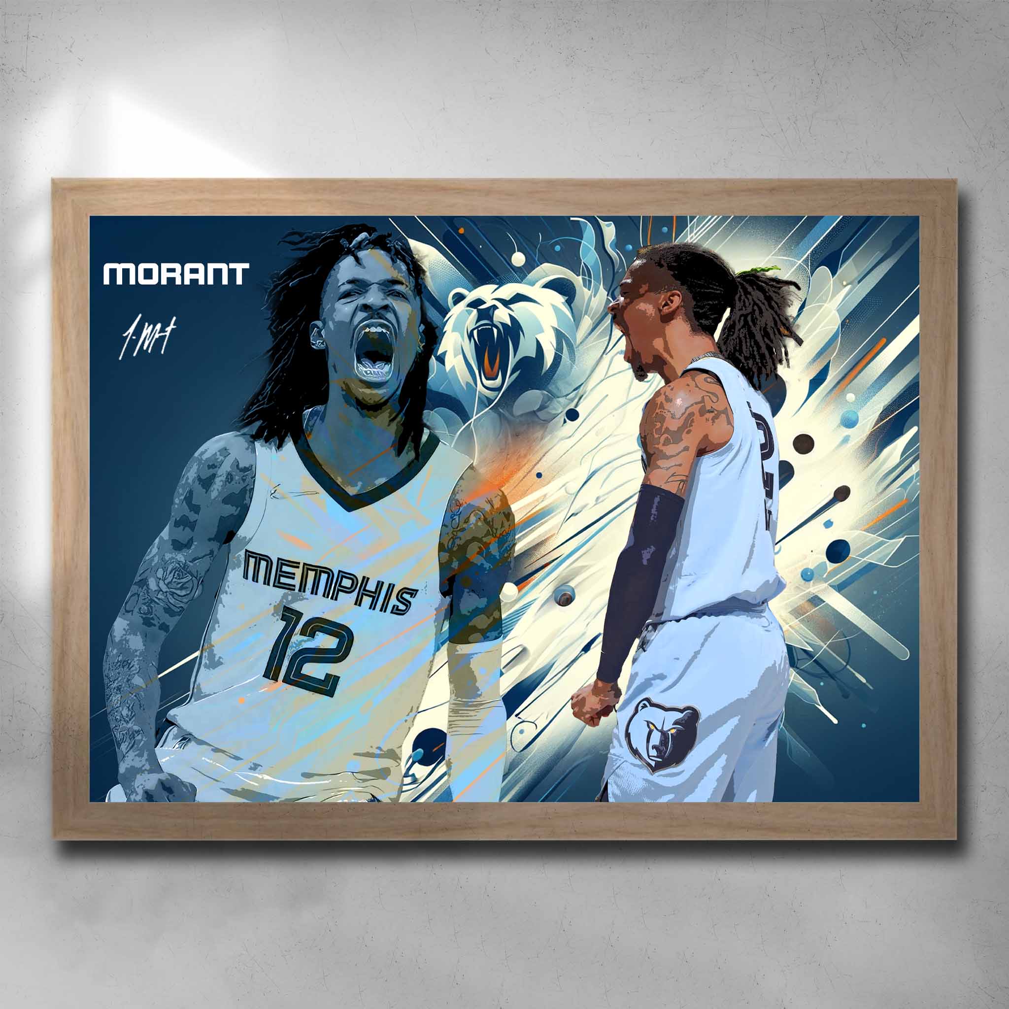 Oak framed NBA art by Sports Cave, featuring the basketball player Ja Morant from the Memphis Grizzlies.