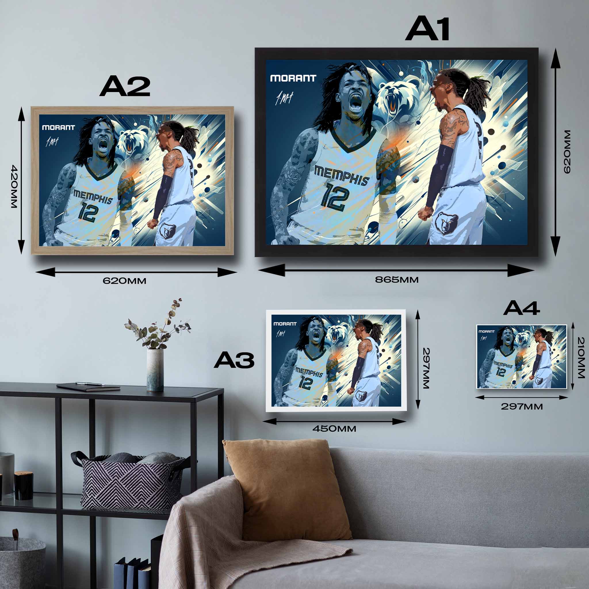 Visual representation of Ja Morant framed art size options, ranging from A4 to A2, for selecting the right size for your space.