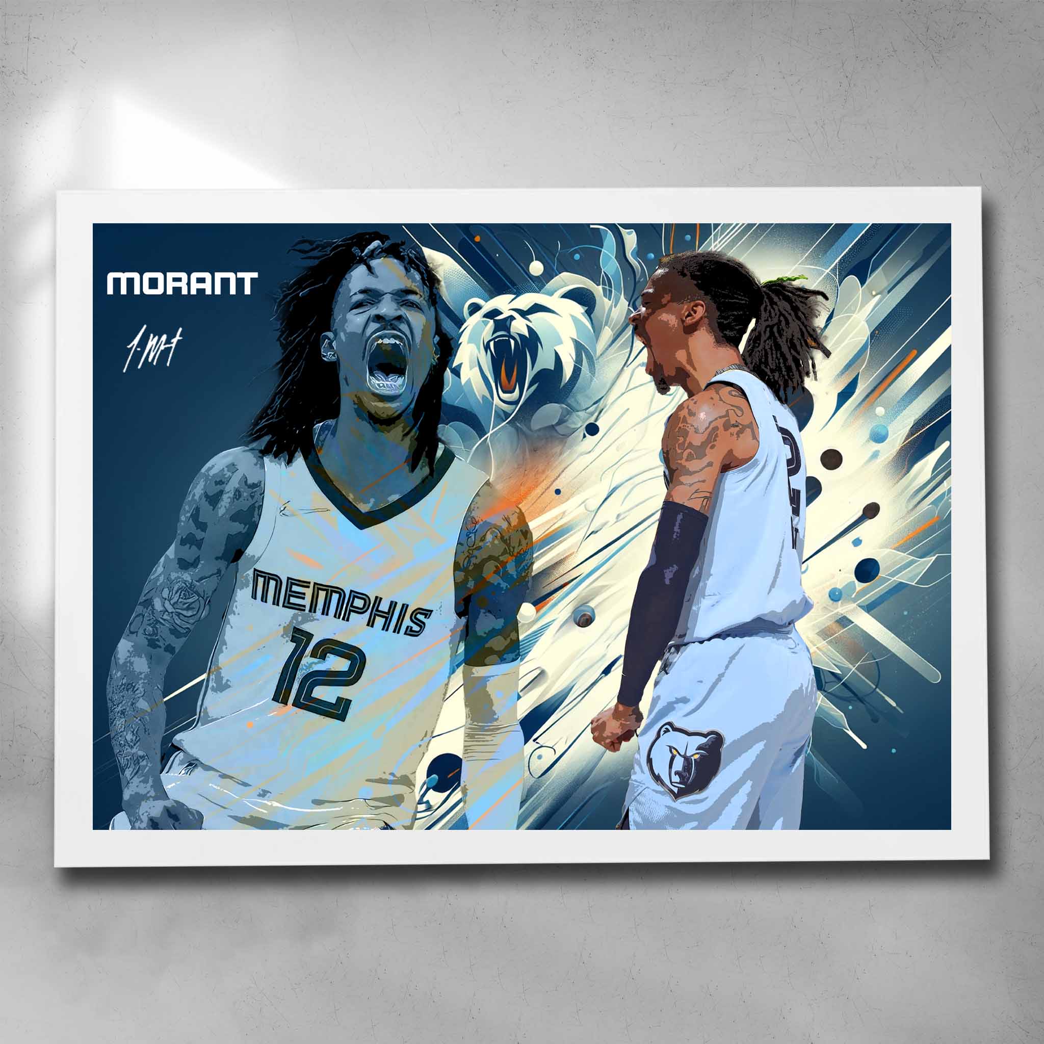 White framed NBA art by Sports Cave, featuring the basketball player Ja Morant from the Memphis Grizzlies.