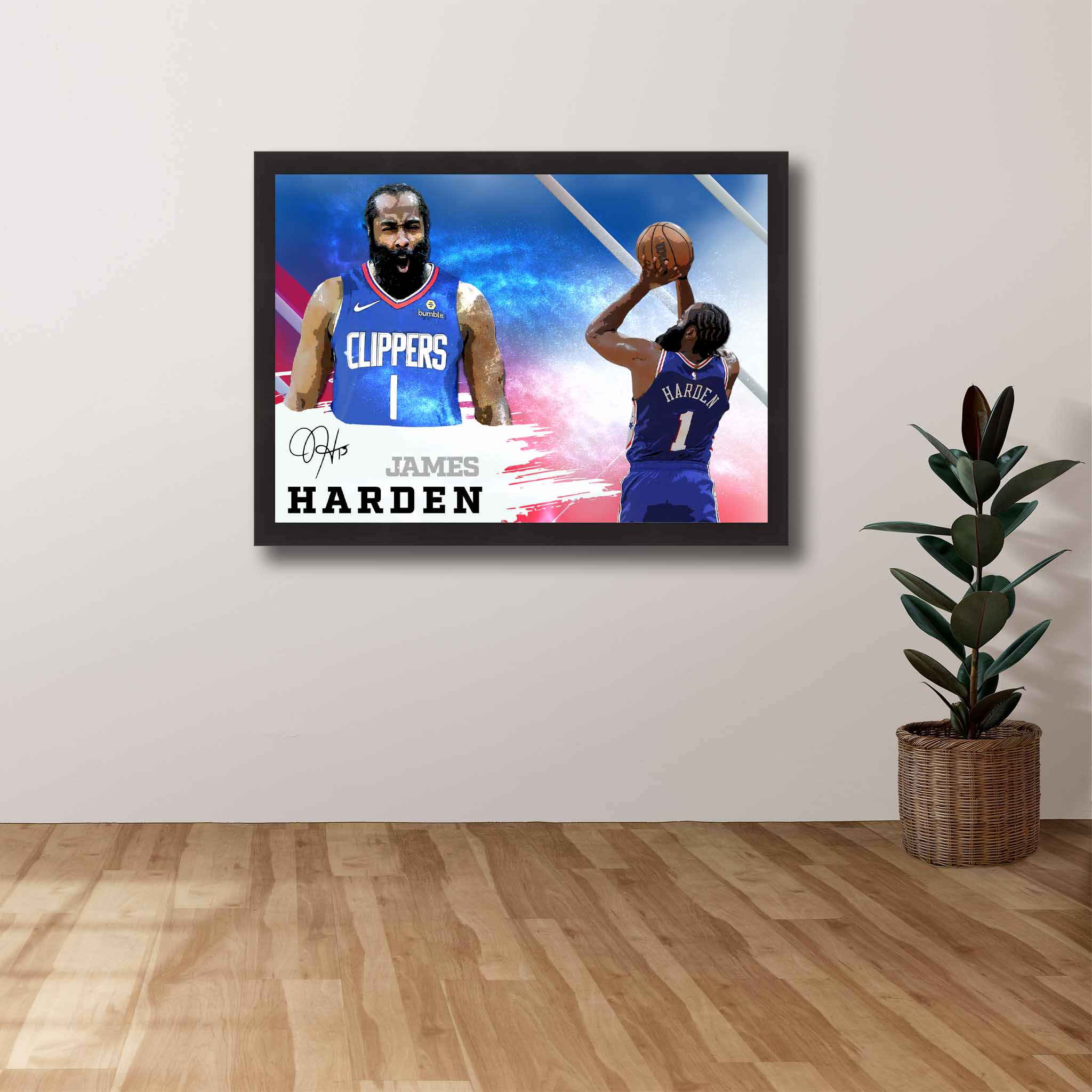 Devoted LA Clippers fan's tribute: James Harden framed art proudly displayed on the wall.