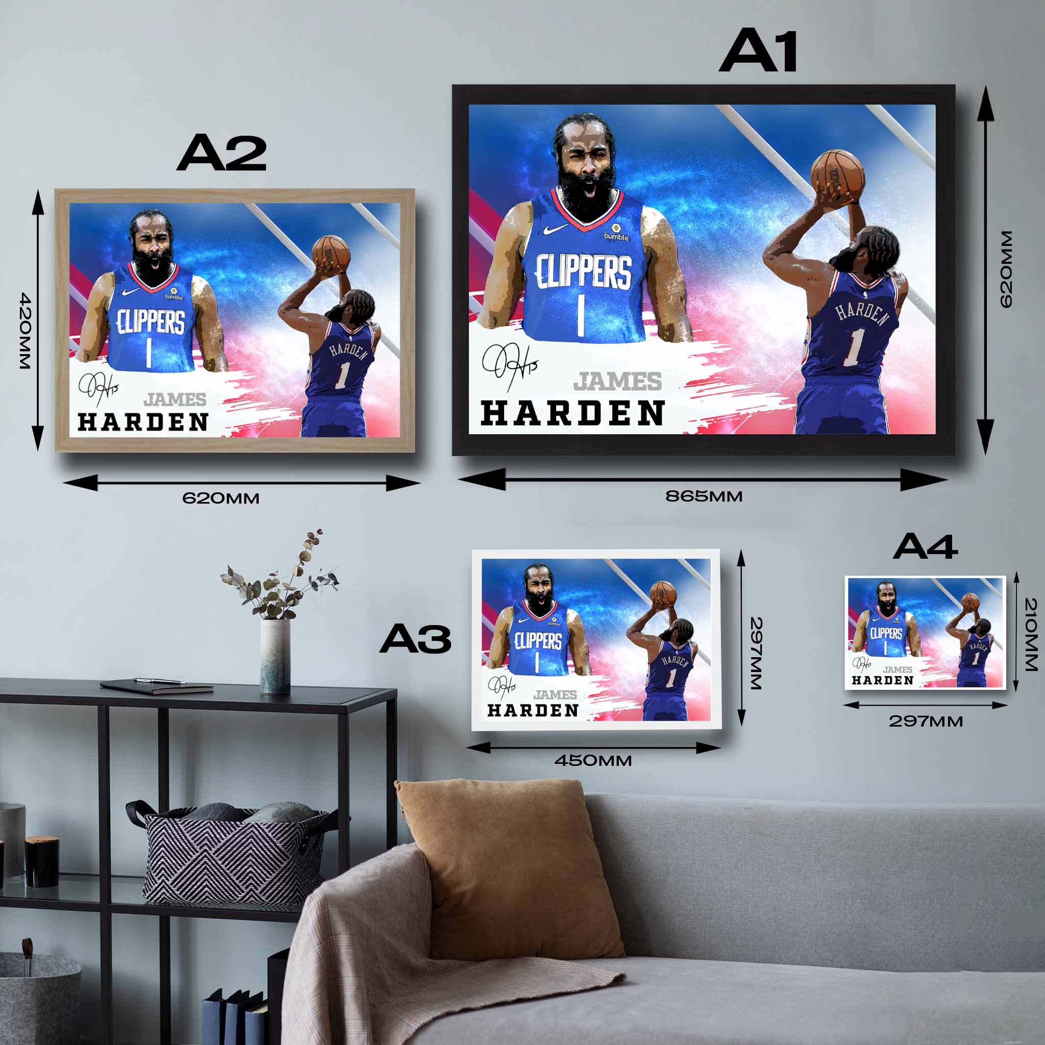 Visual representation of James Harden framed art size options, ranging from A4 to A2, for selecting the right size for your space.