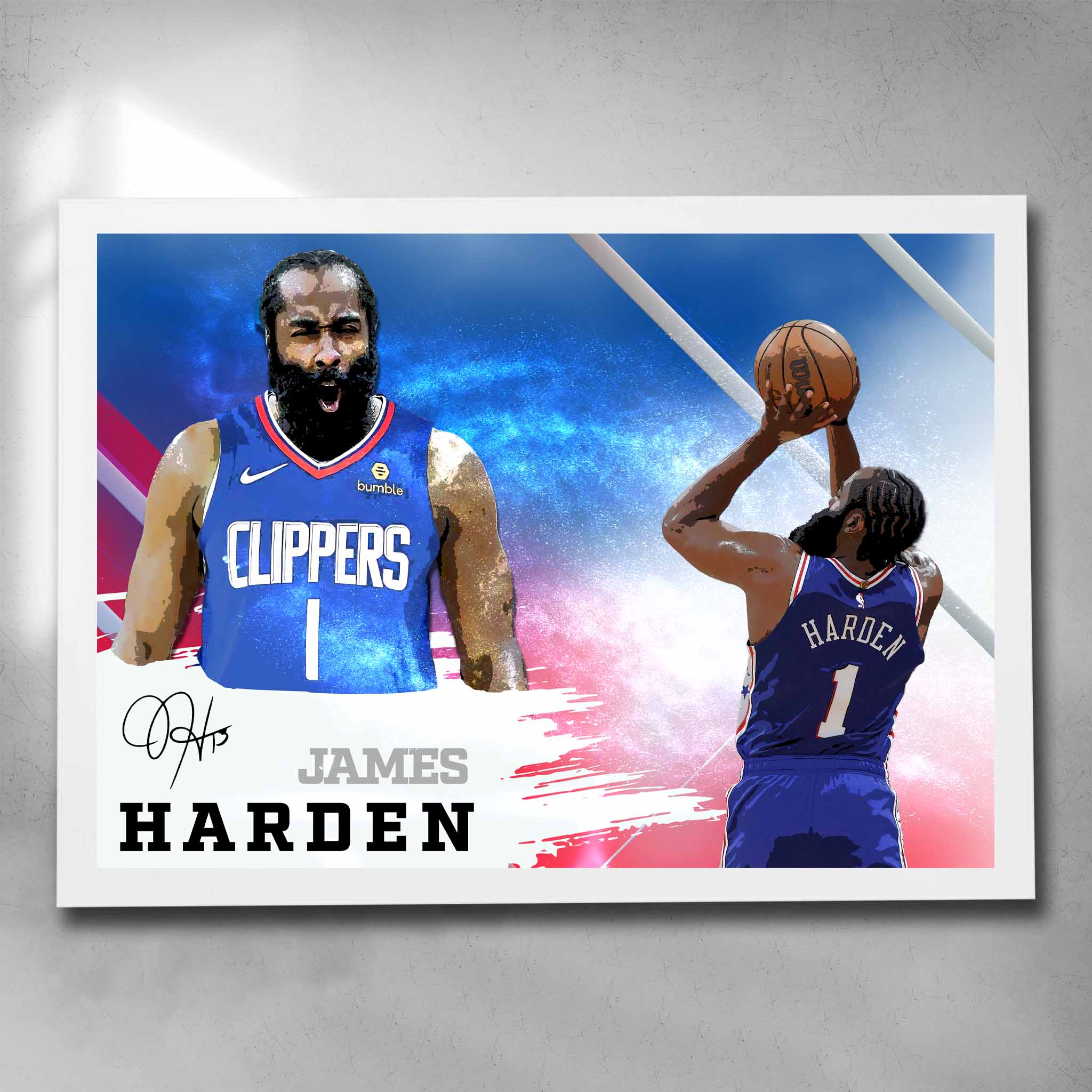 White framed NBA Art by Sports Cave featuring James Harden from the Las Angeles Clippers