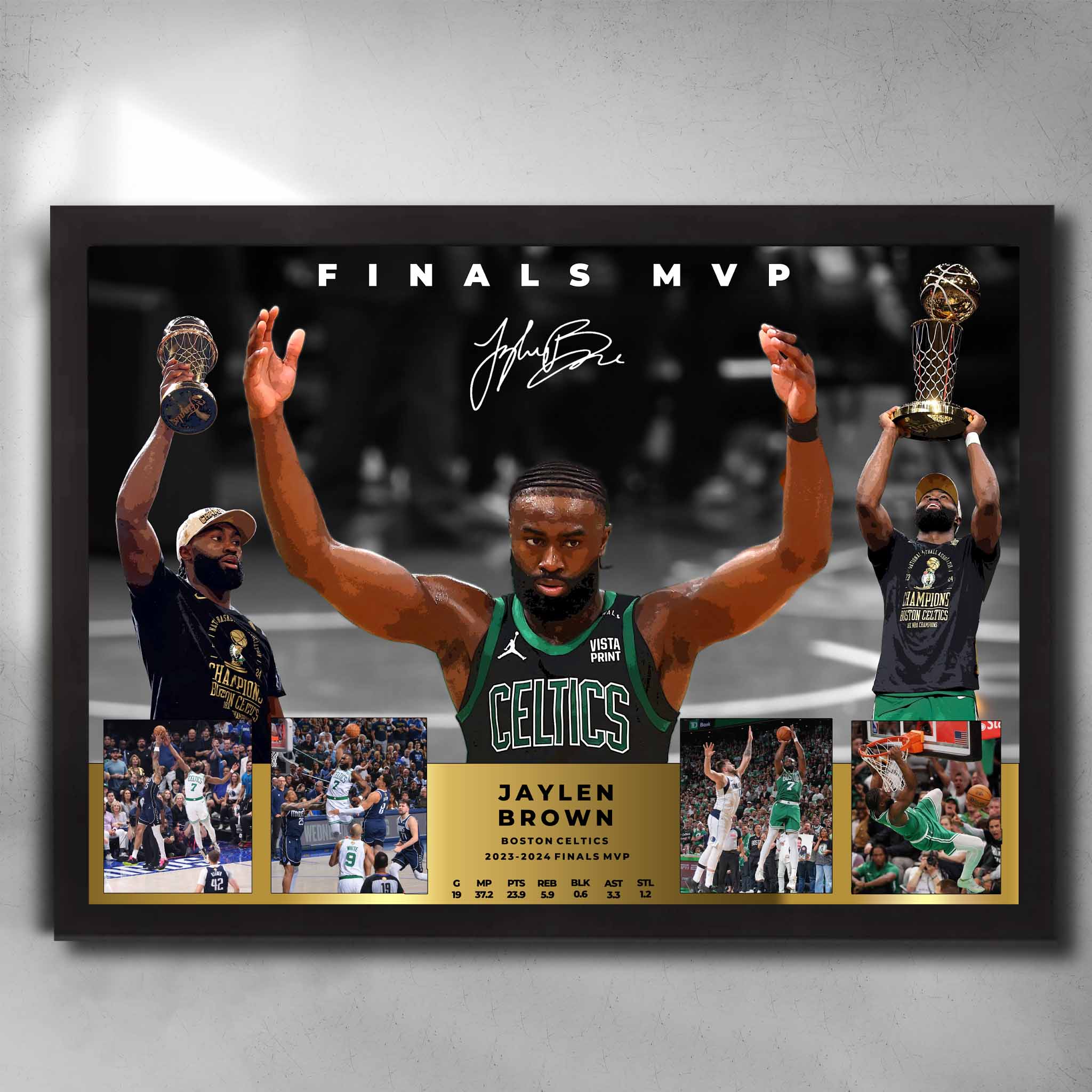 Black framed NBA Memorabilia by Sports Cave featurng the NBA 2023/2024 Finals MVP from the Boston Celtics Jaylen Brown.