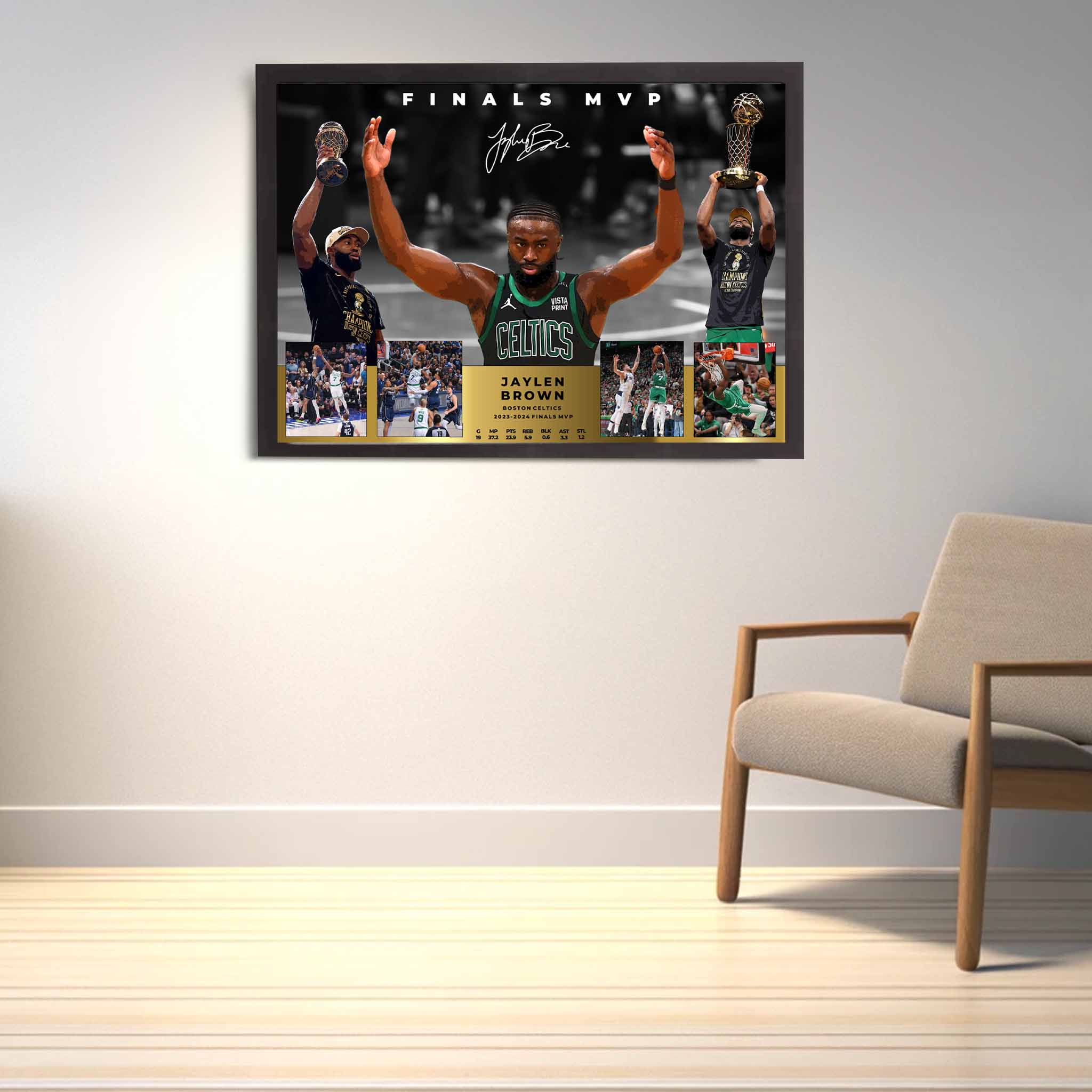 Boston Celtics fan with a framed piece of Jaylen Brown on display as home decor.