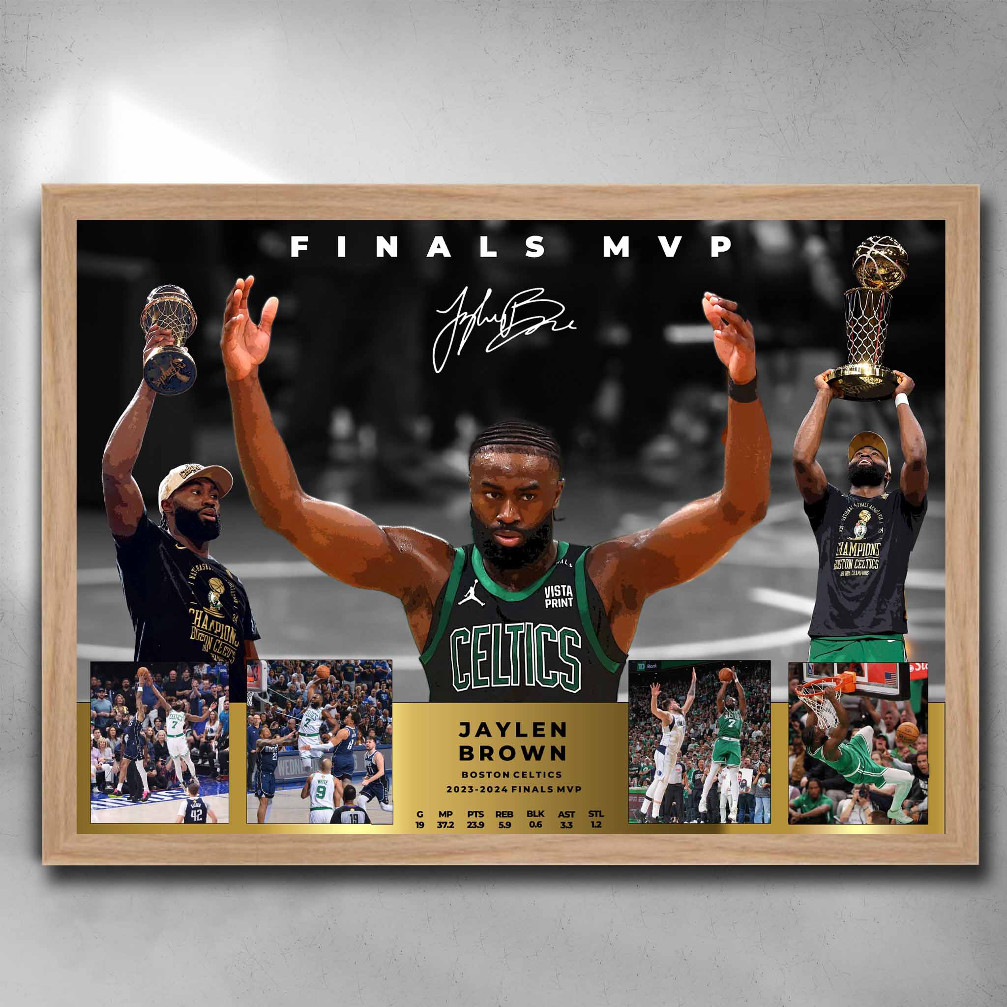 Oak framed NBA Memorabilia by Sports Cave featurng the NBA 2023/2024 Finals MVP from the Boston Celtics Jaylen Brown.