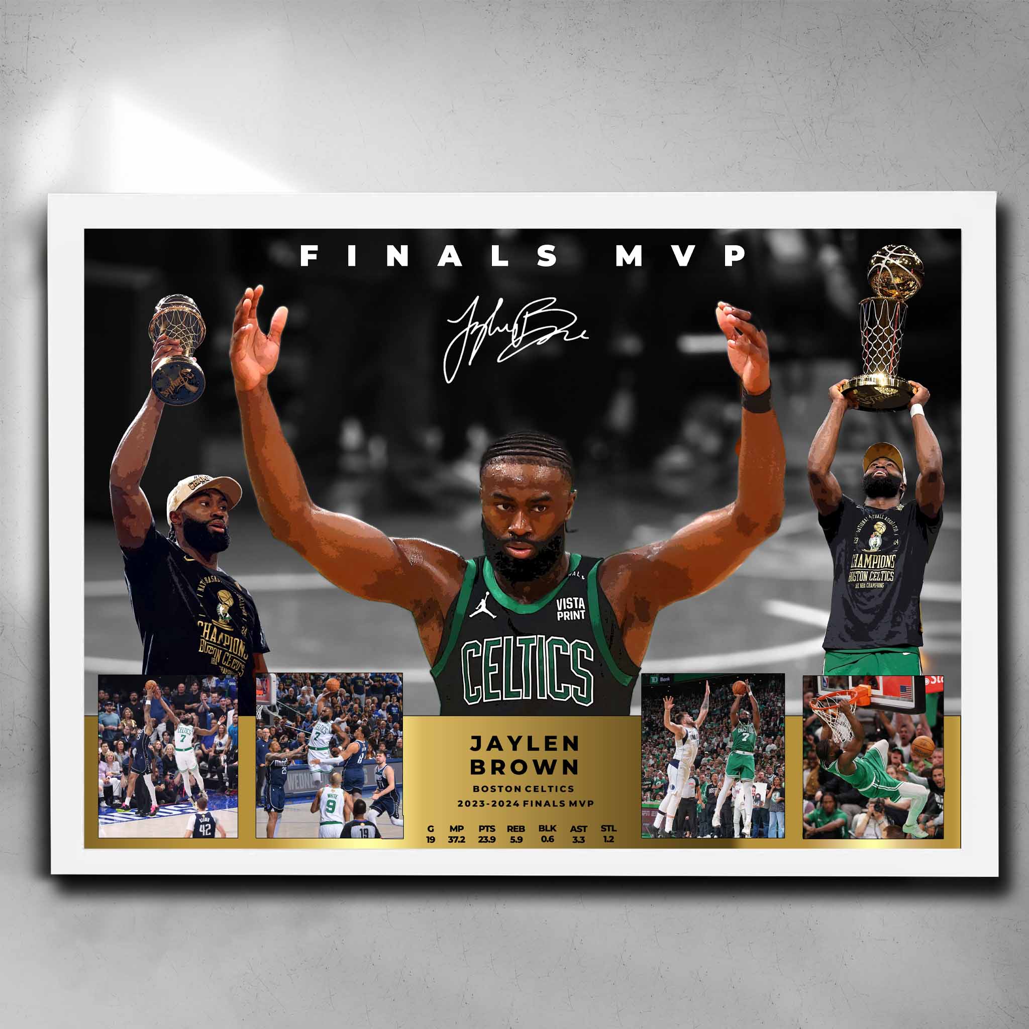 White framed NBA Memorabilia by Sports Cave featurng the NBA 2023/2024 Finals MVP from the Boston Celtics Jaylen Brown.