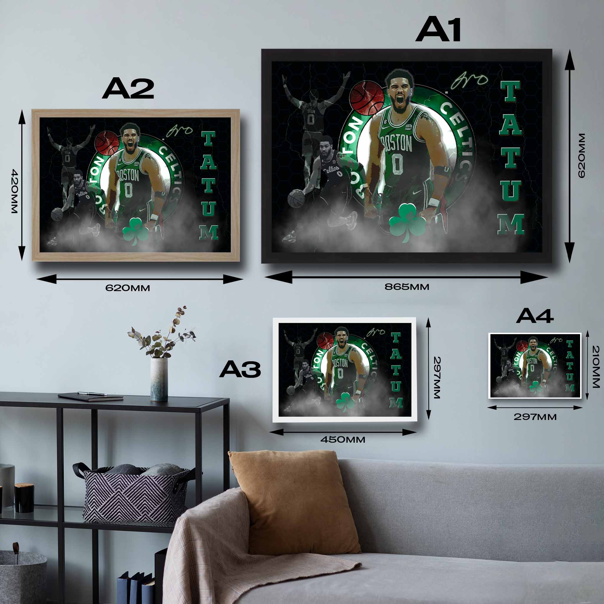 Visual representation of Jayson Tatum framed art size options, ranging from A4 to A2, for selecting the right size for your space.