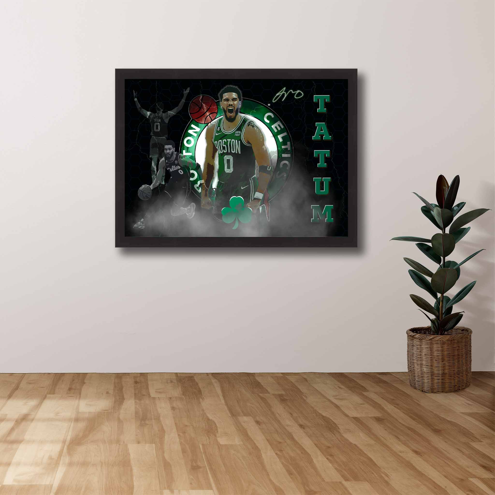 Devoted Boston Celtics fan's tribute: Jayson Tatum framed art proudly displayed on the wall.