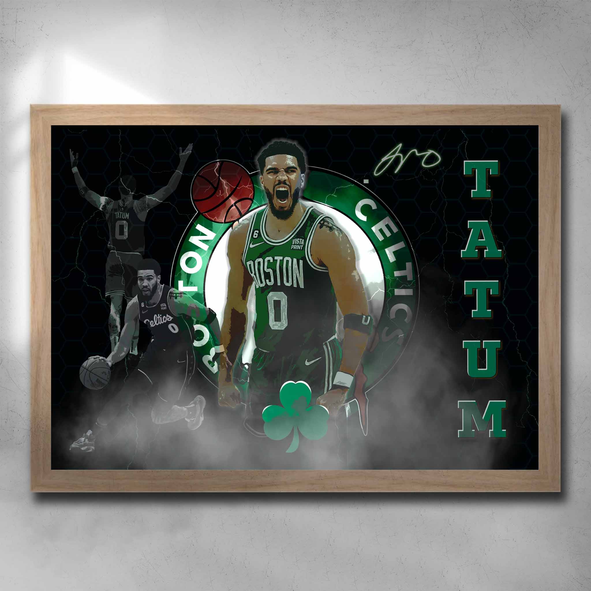 Oak framed NBA Art by Sports Cave, featuring Jayson Tatum from the Boston Celtics.