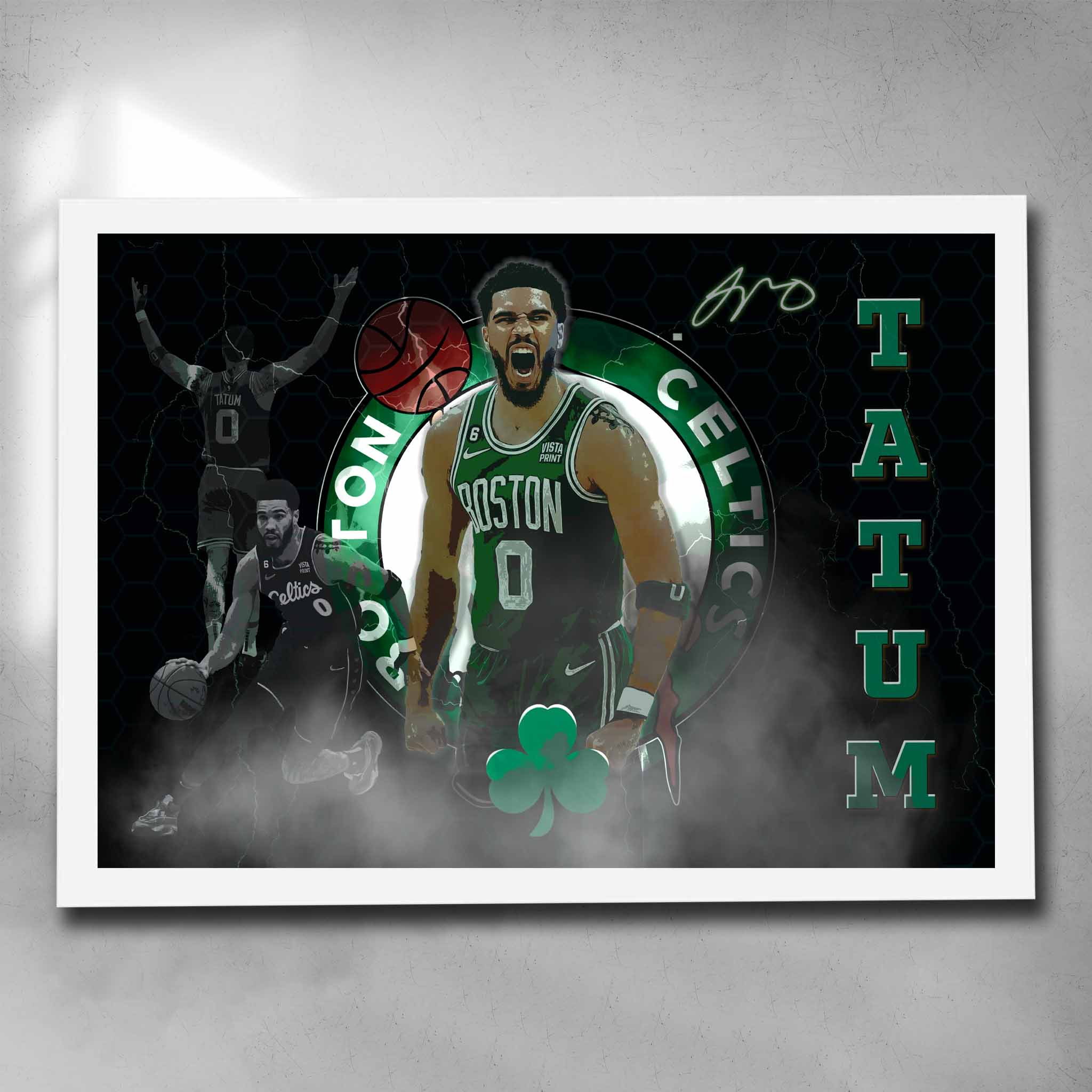 White framed NBA Art by Sports Cave, featuring Jayson Tatum from the Boston Celtics.