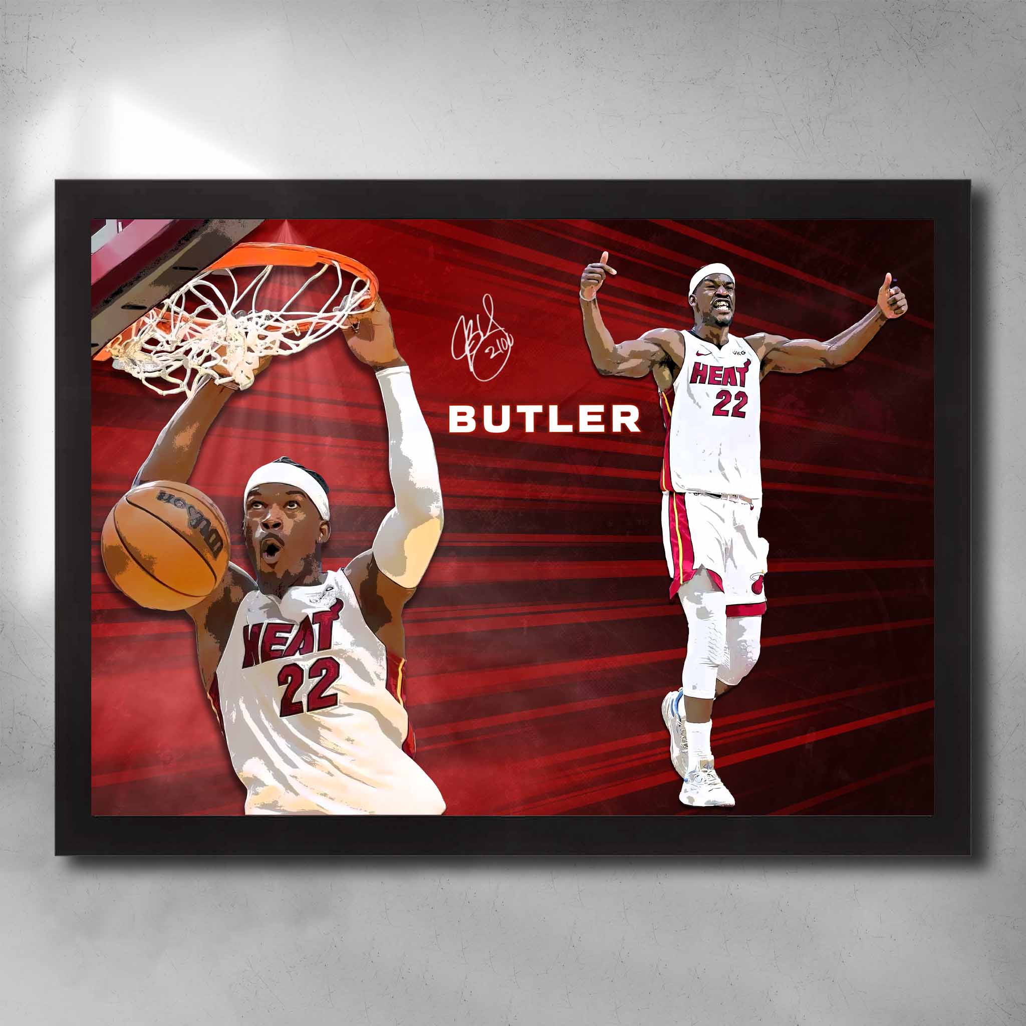 Black framed NBA art by Sports Cave featuring Jimmy Butler from the Miami Heat.