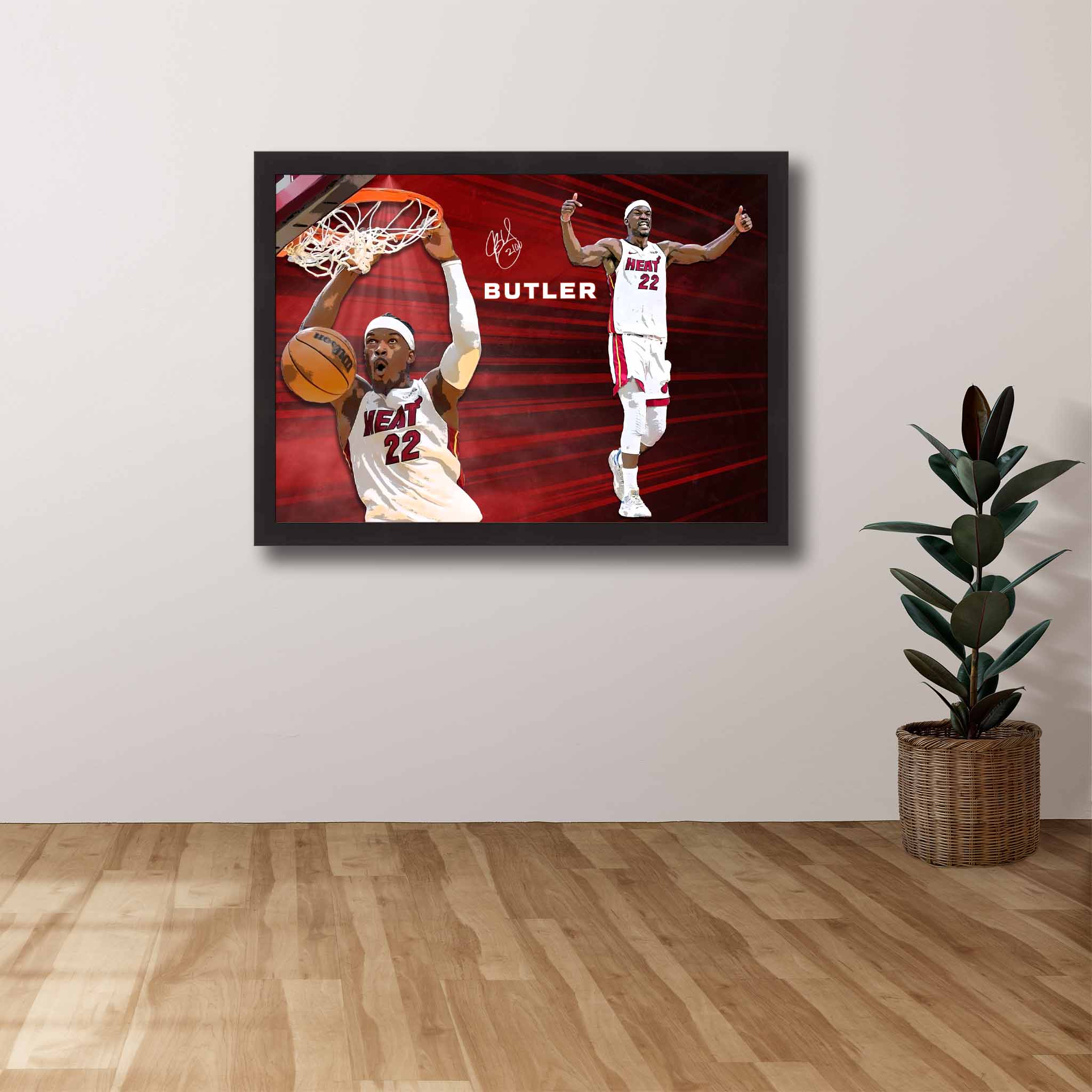 Devoted Miami Heat fan's tribute: Jimmy Butler framed art proudly displayed on the wall.