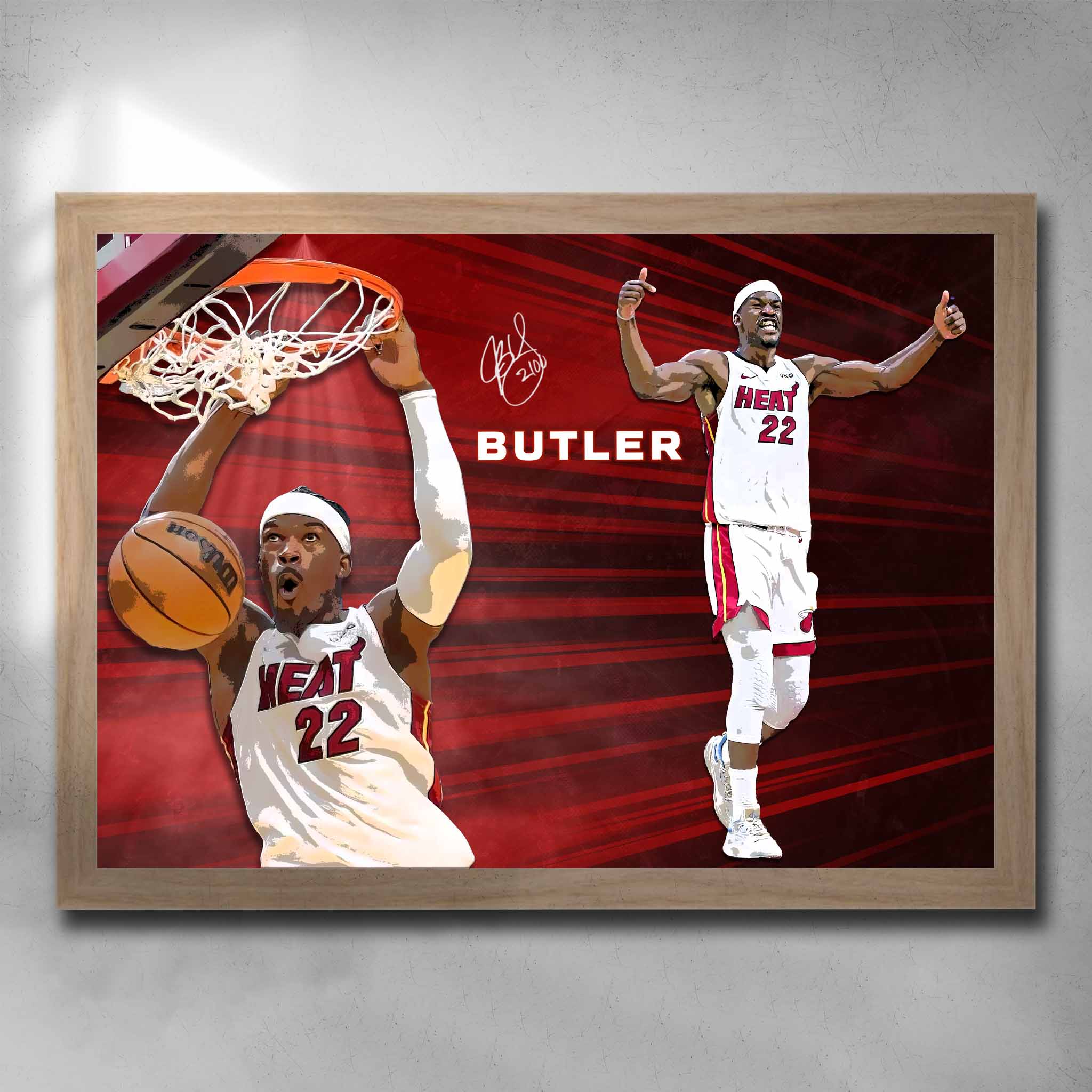 Oak framed NBA art by Sports Cave featuring Jimmy Butler from the Miami Heat.