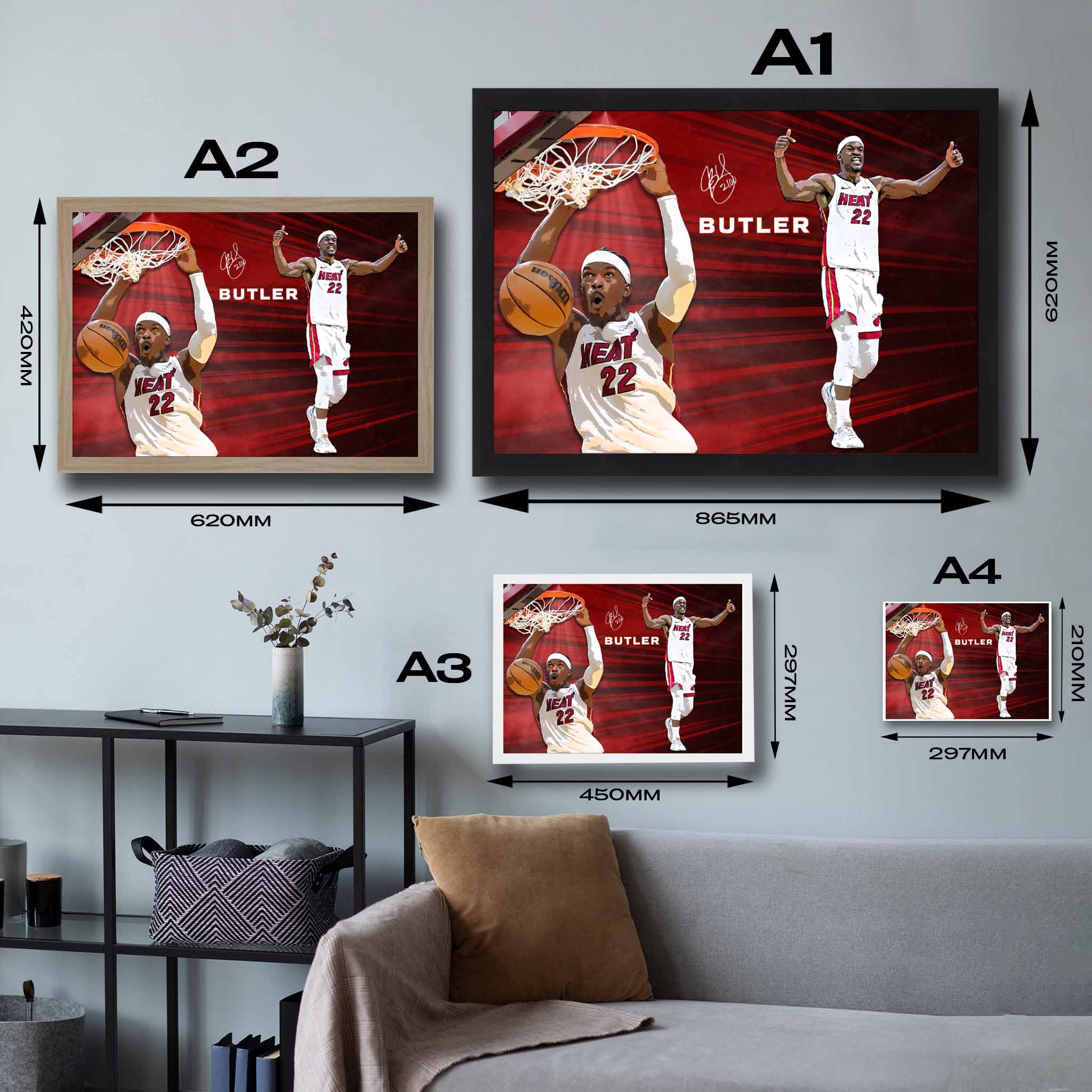 Visual representation of Jimmy Butler framed art size options, ranging from A4 to A2, for selecting the right size for your space.