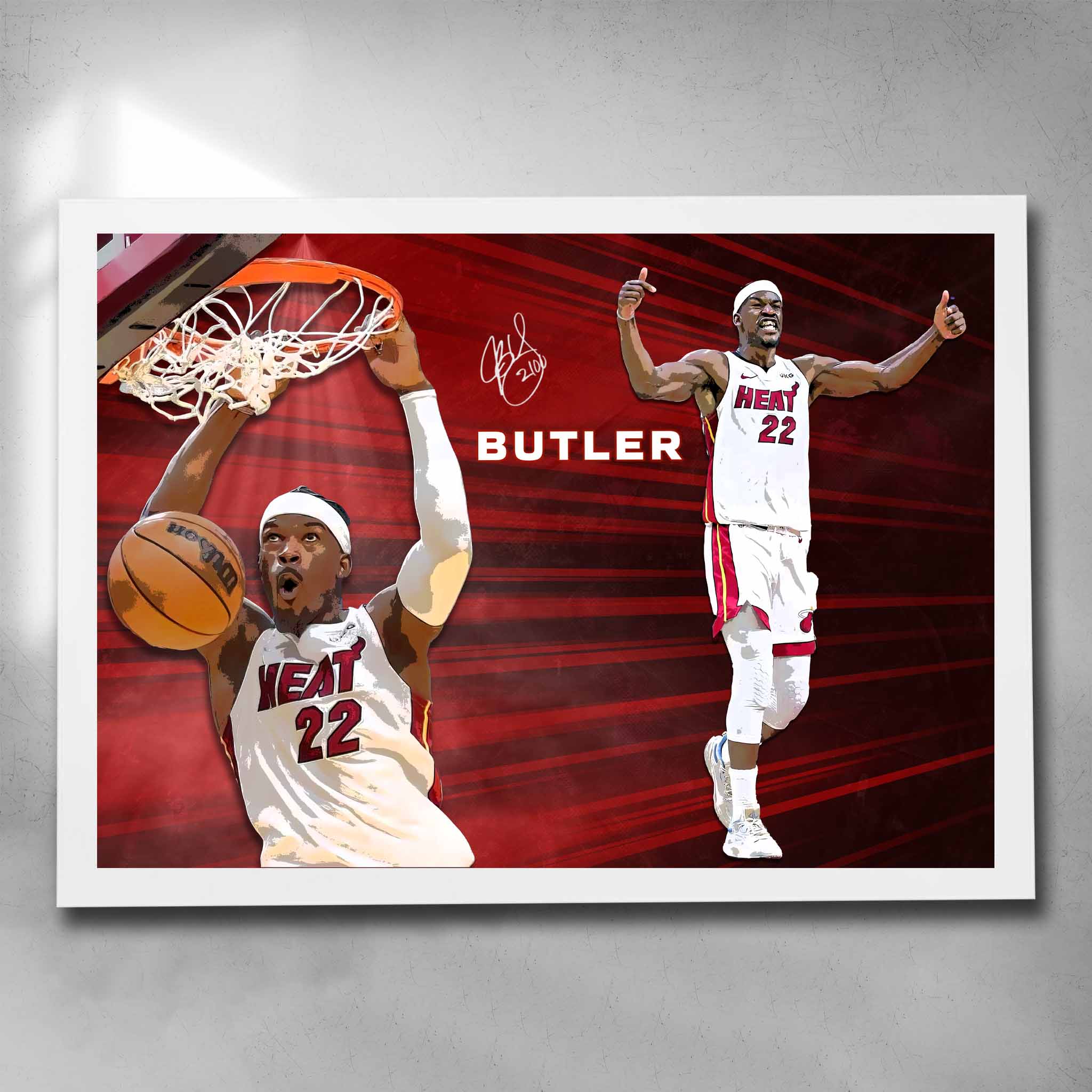 White framed NBA art by Sports Cave featuring Jimmy Butler from the Miami Heat.