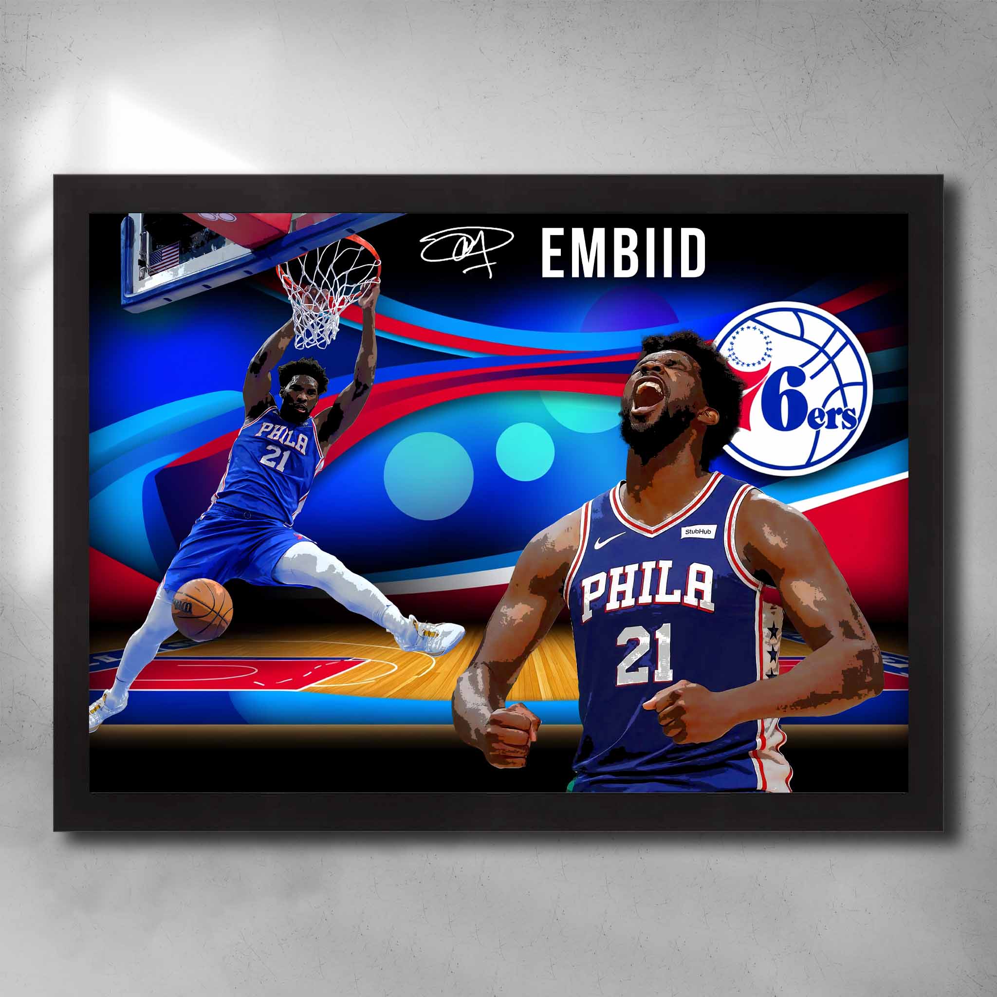 Black framed basketball art by Sports Cave, featuring the NBA star Joel Embiid from the Philadelphia 76ers.