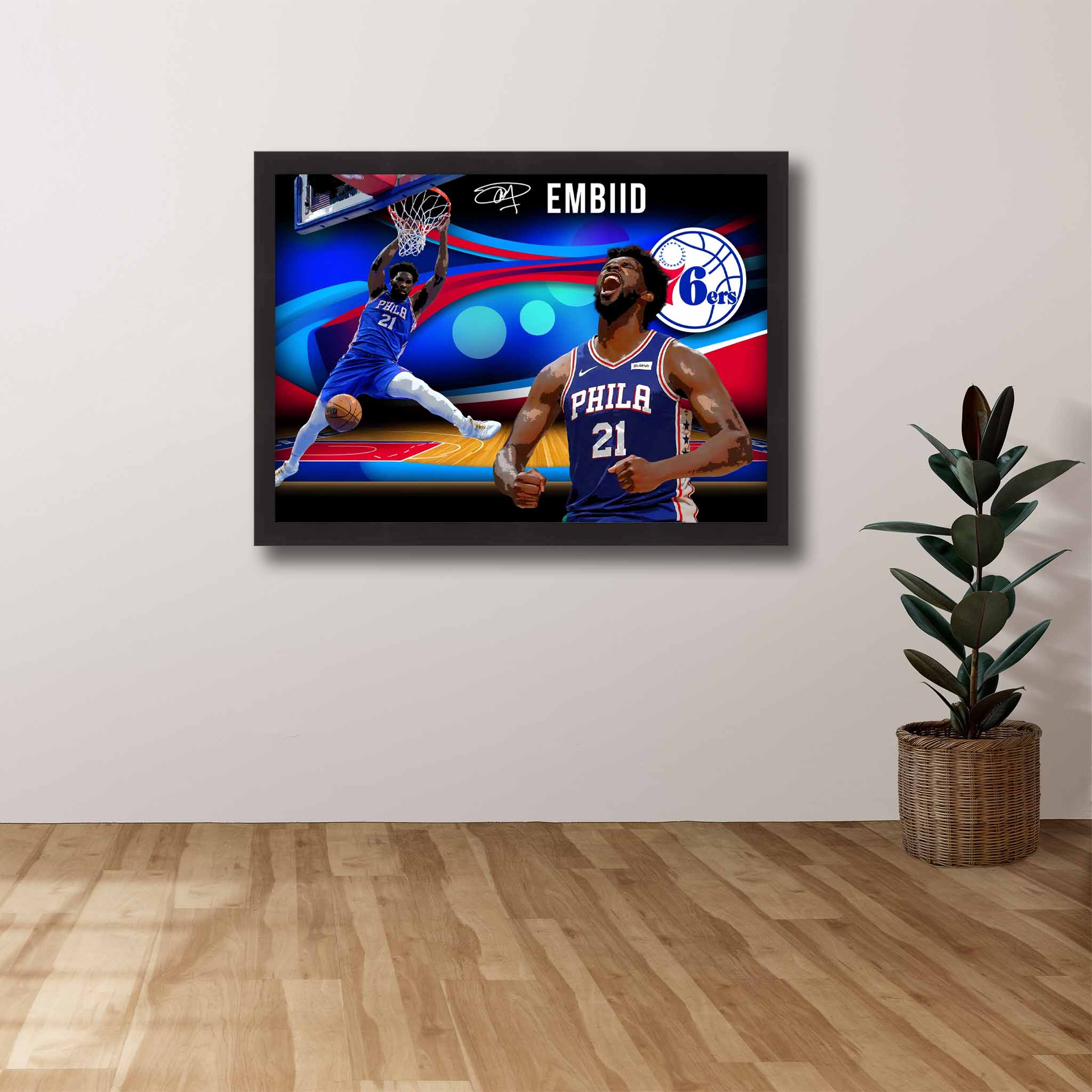 Devoted Philadelphia 76ers fan's tribute: Joel Embiid framed art proudly displayed on the wall.