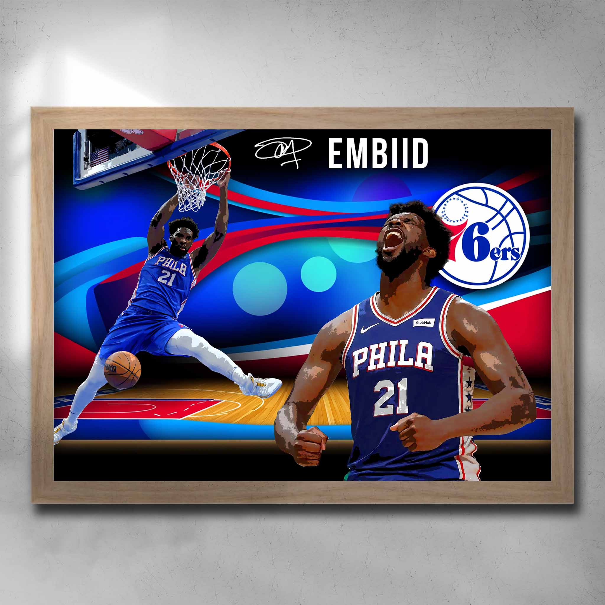 Oak framed basketball art by Sports Cave, featuring the NBA star Joel Embiid from the Philadelphia 76ers.