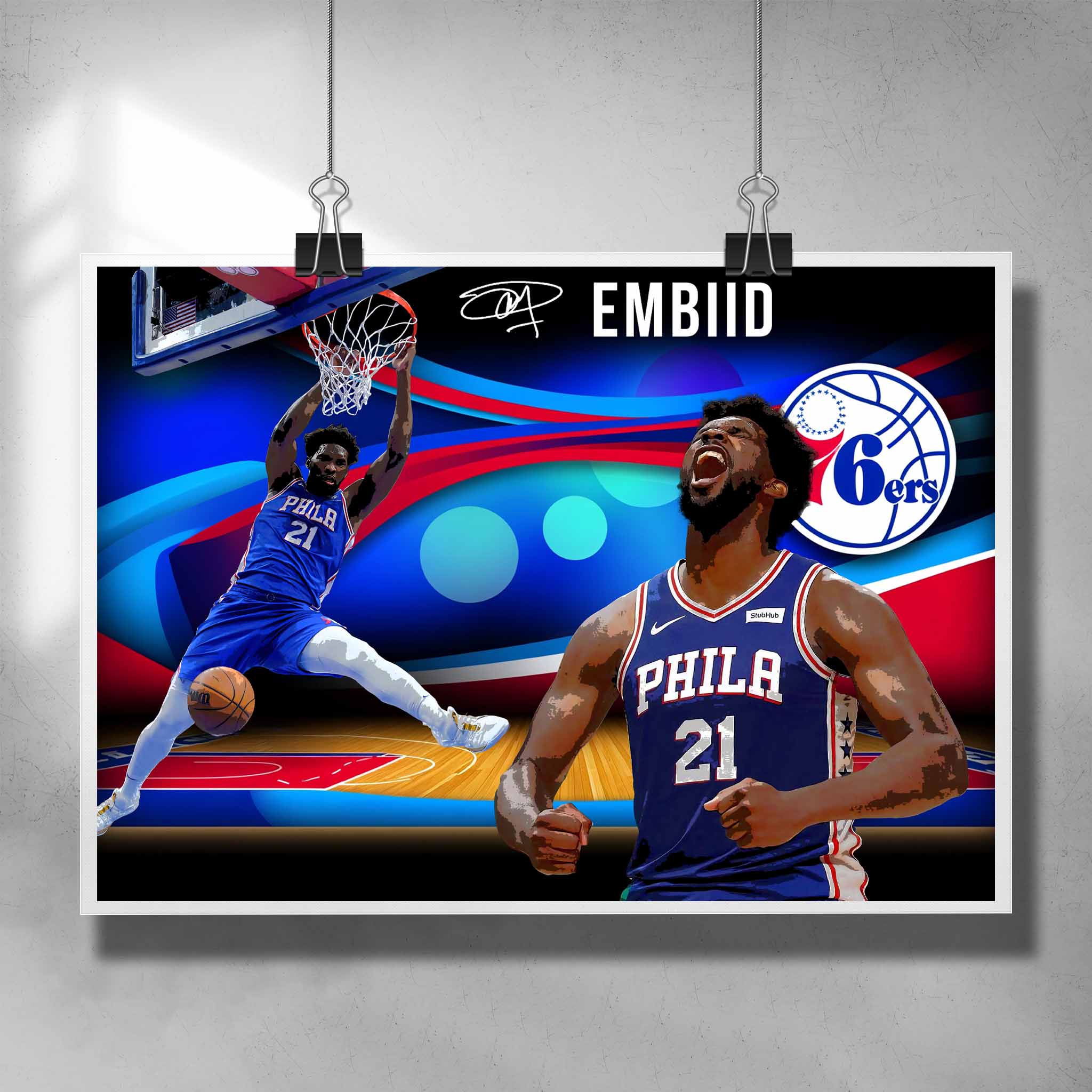 Unique basketball poster by Sports Cave, featuring the NBA star Joel Embiid from the Philadelphia 76ers.