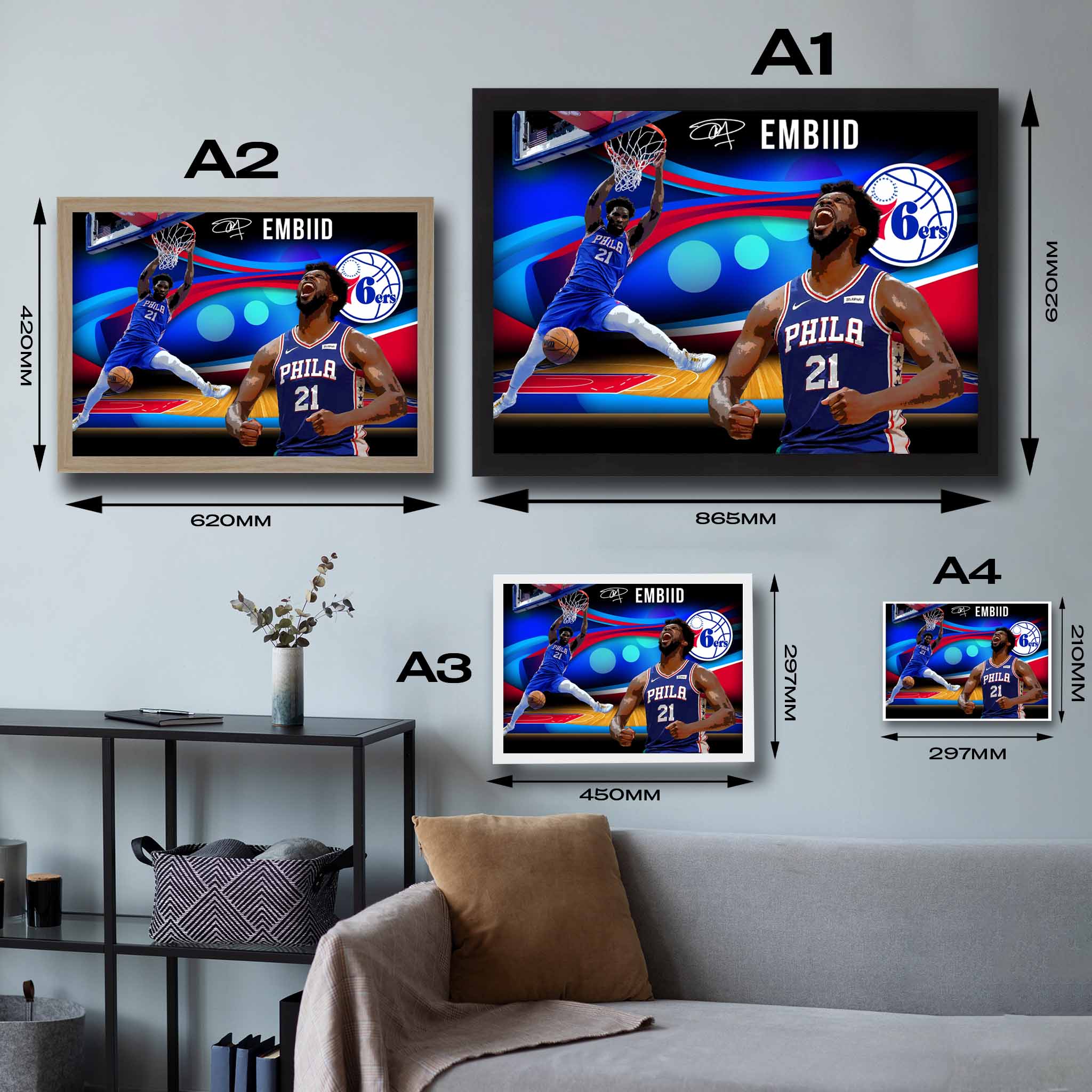 Visual representation of Joel Embiid framed art size options, ranging from A4 to A2, for selecting the right size for your space.