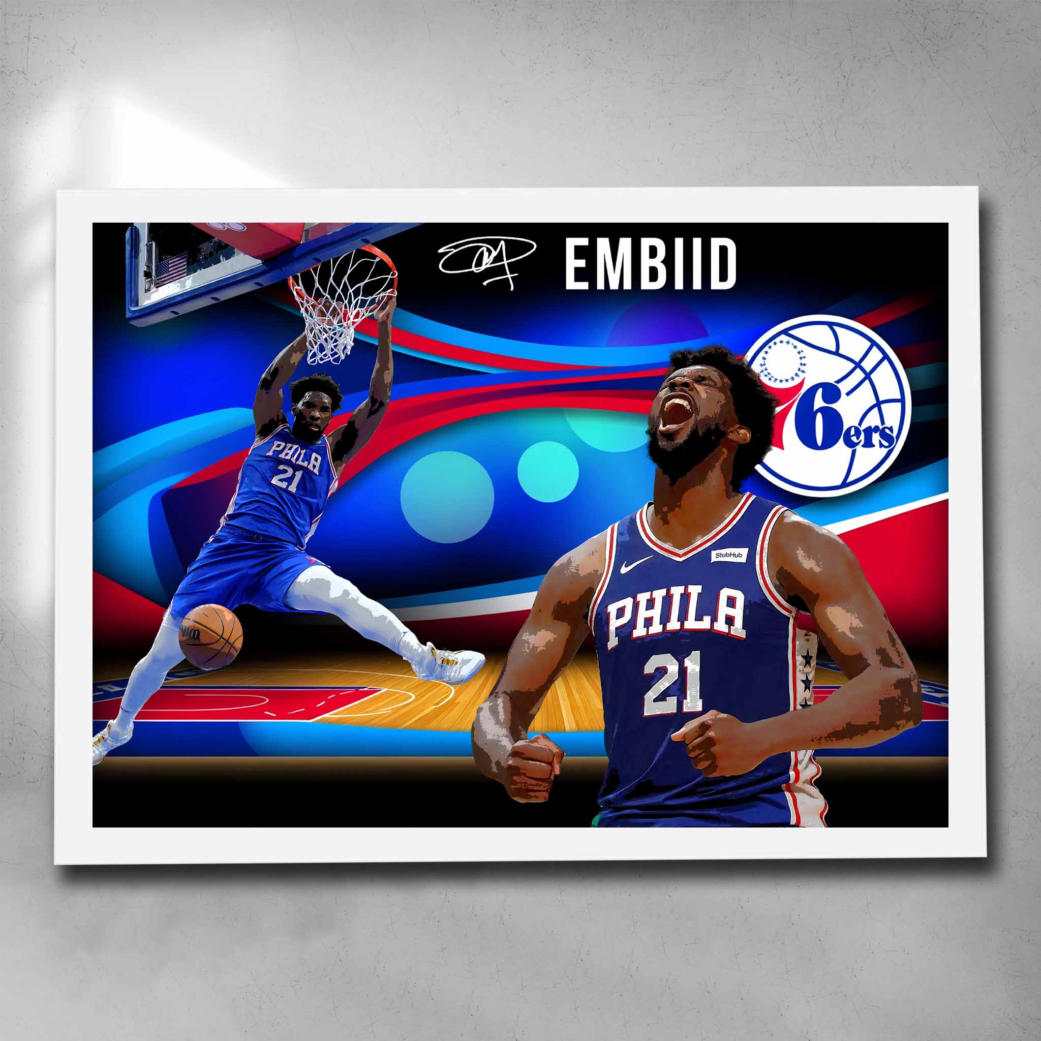 White framed basketball art by Sports Cave, featuring the NBA star Joel Embiid from the Philadelphia 76ers.