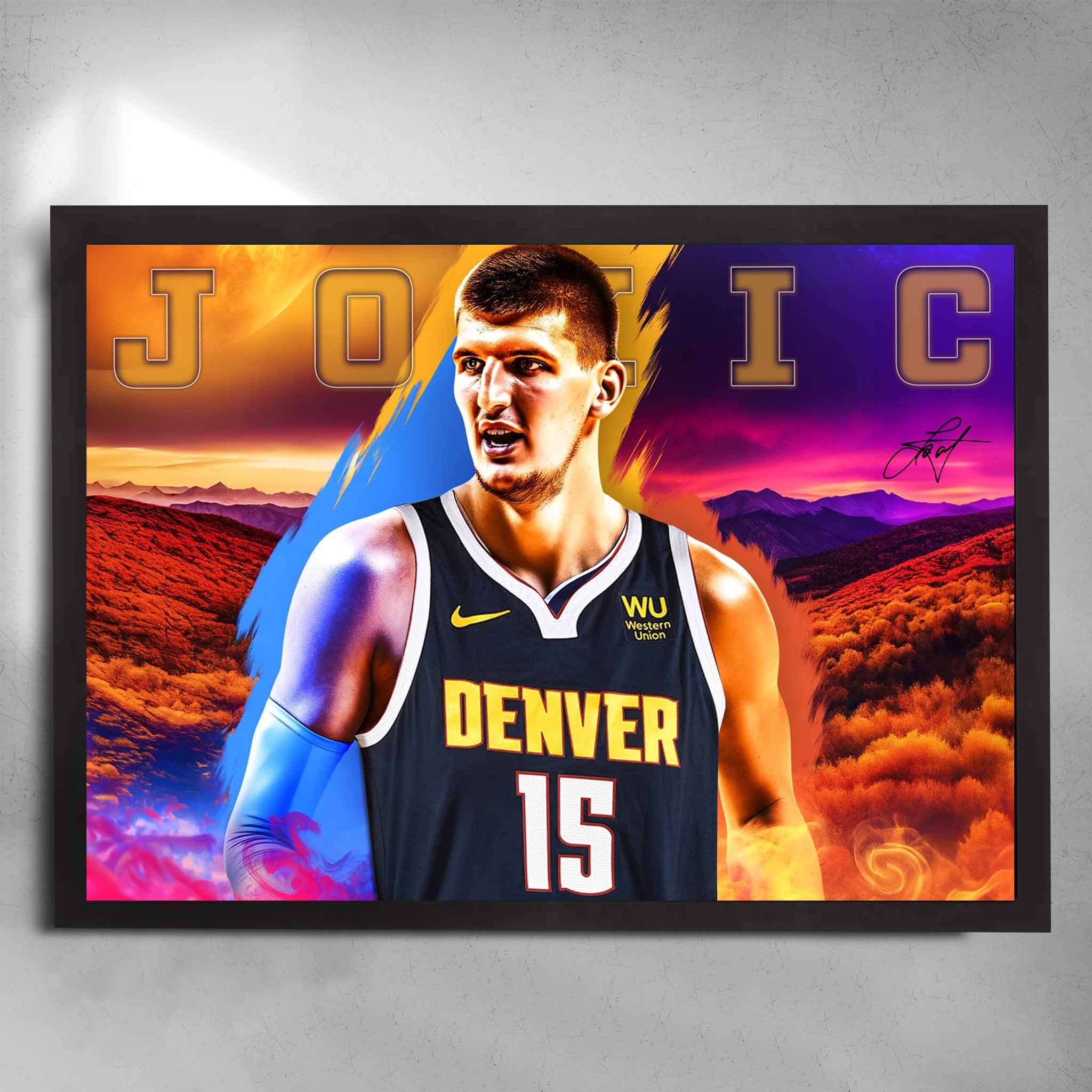 Black framed NBA Art by Sports Cave, featuring Nikola Jokic from the Denver Nuggets.