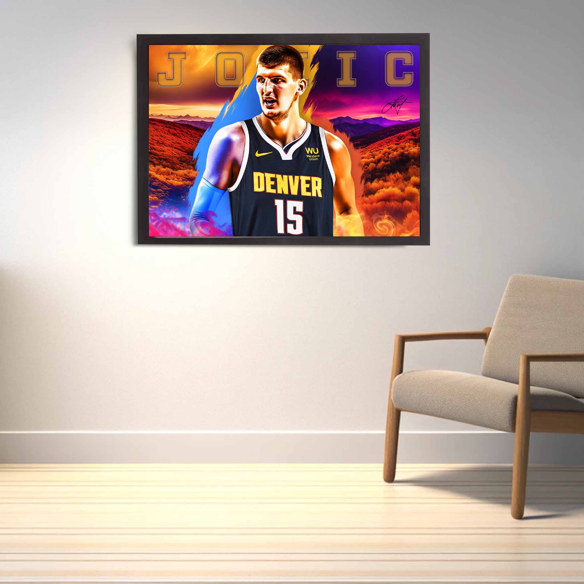 Devoted Denver Nuggets fan's tribute: Nikola Jokic framed art proudly displayed on the wall.