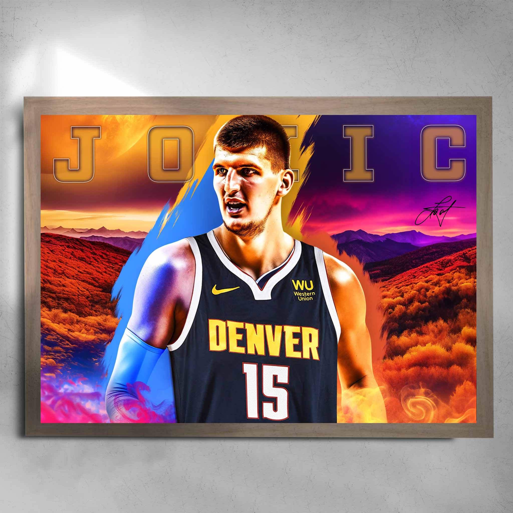 Oak framed NBA Art by Sports Cave, featuring Nikola Jokic from the Denver Nuggets.