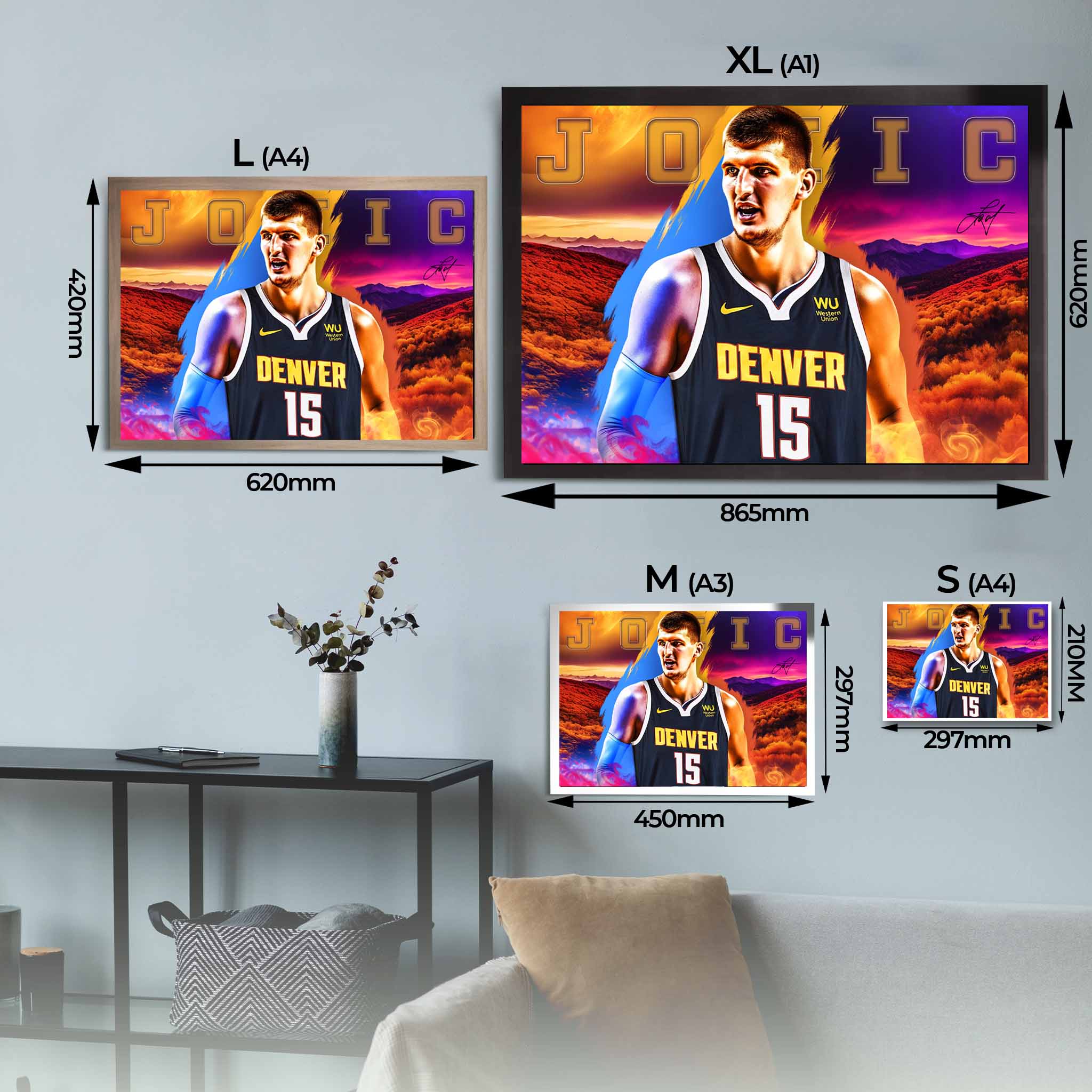 Visual representation of Nikola Jokic framed art size options, ranging from A4 to A2, for selecting the right size for your space.