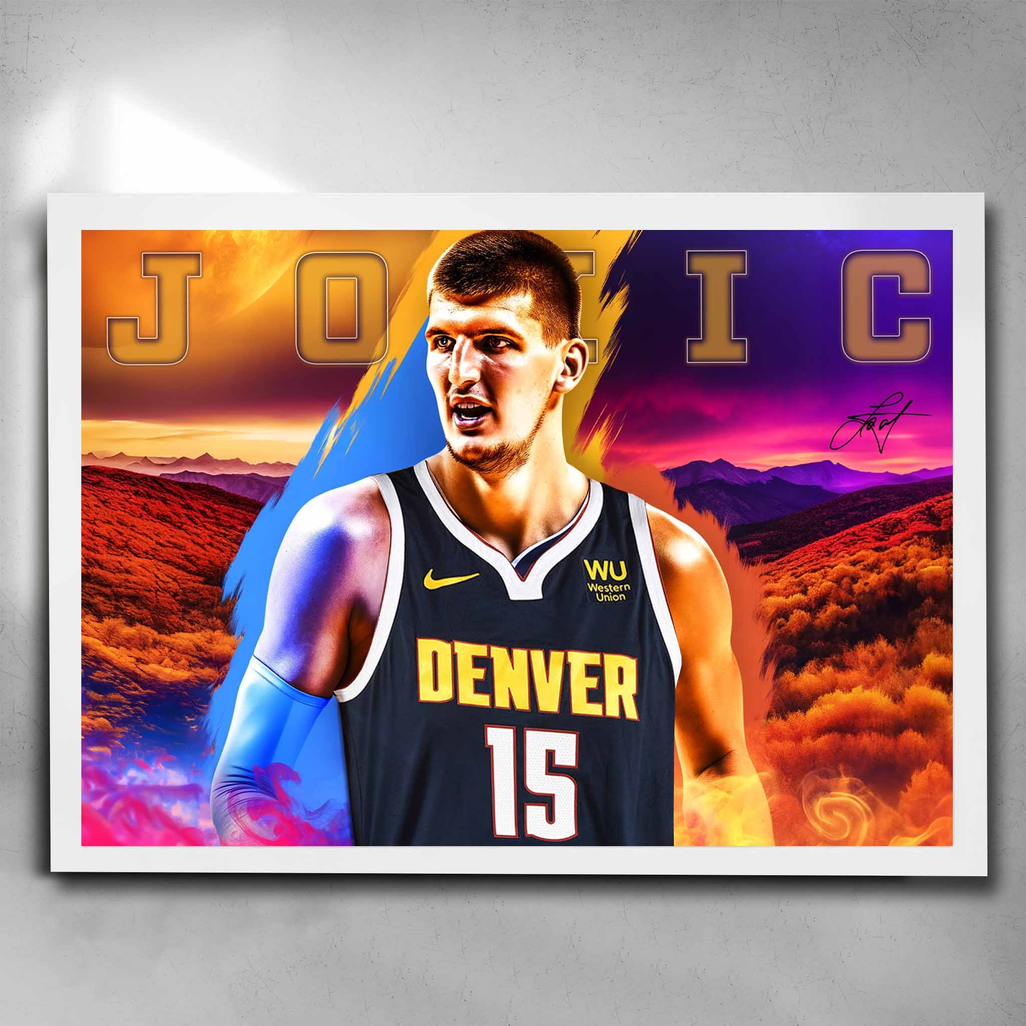 White framed NBA Art by Sports Cave, featuring Nikola Jokic from the Denver Nuggets.