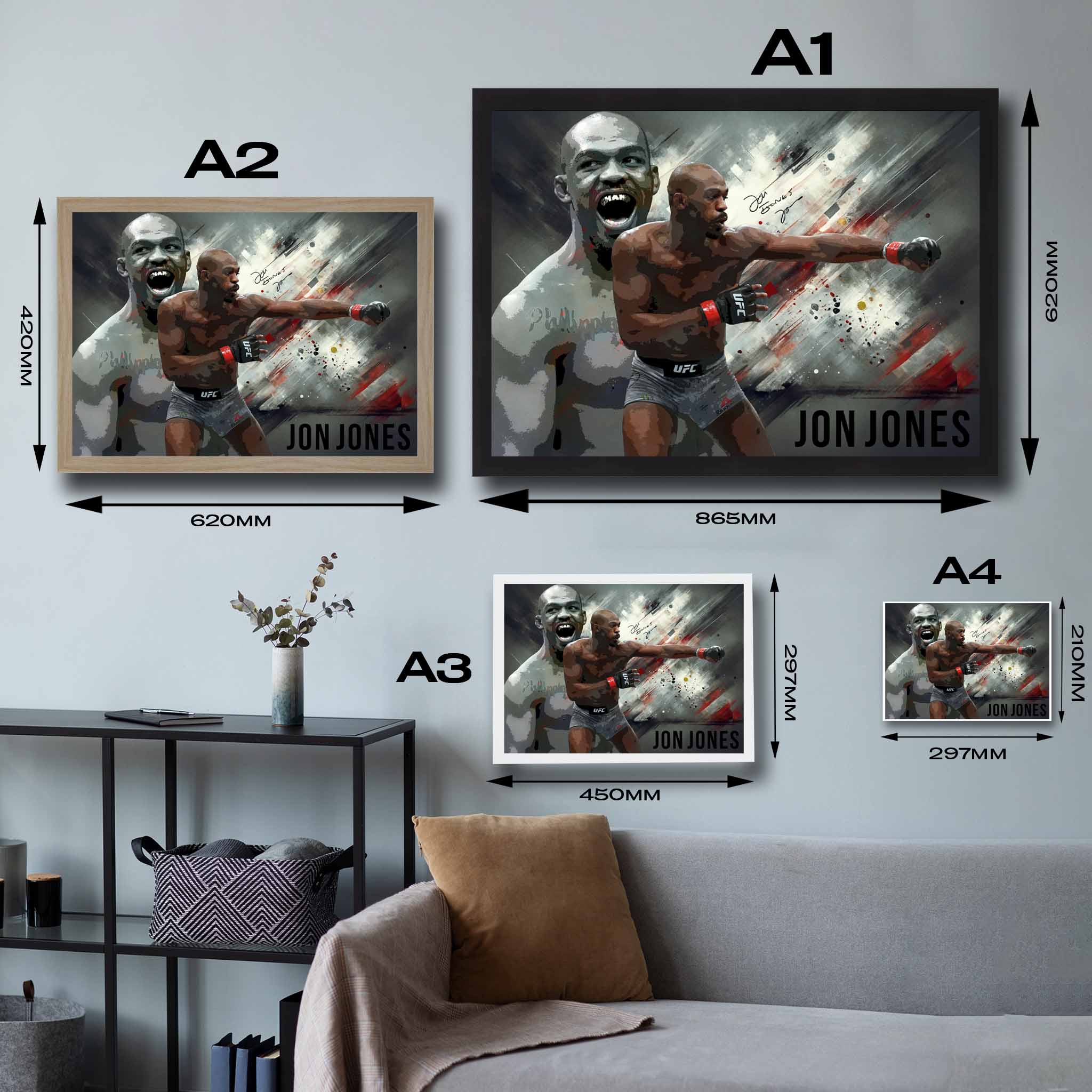 Visual representation of Jon Johns framed art size options, ranging from A4 to A2, for selecting the right size for your space.