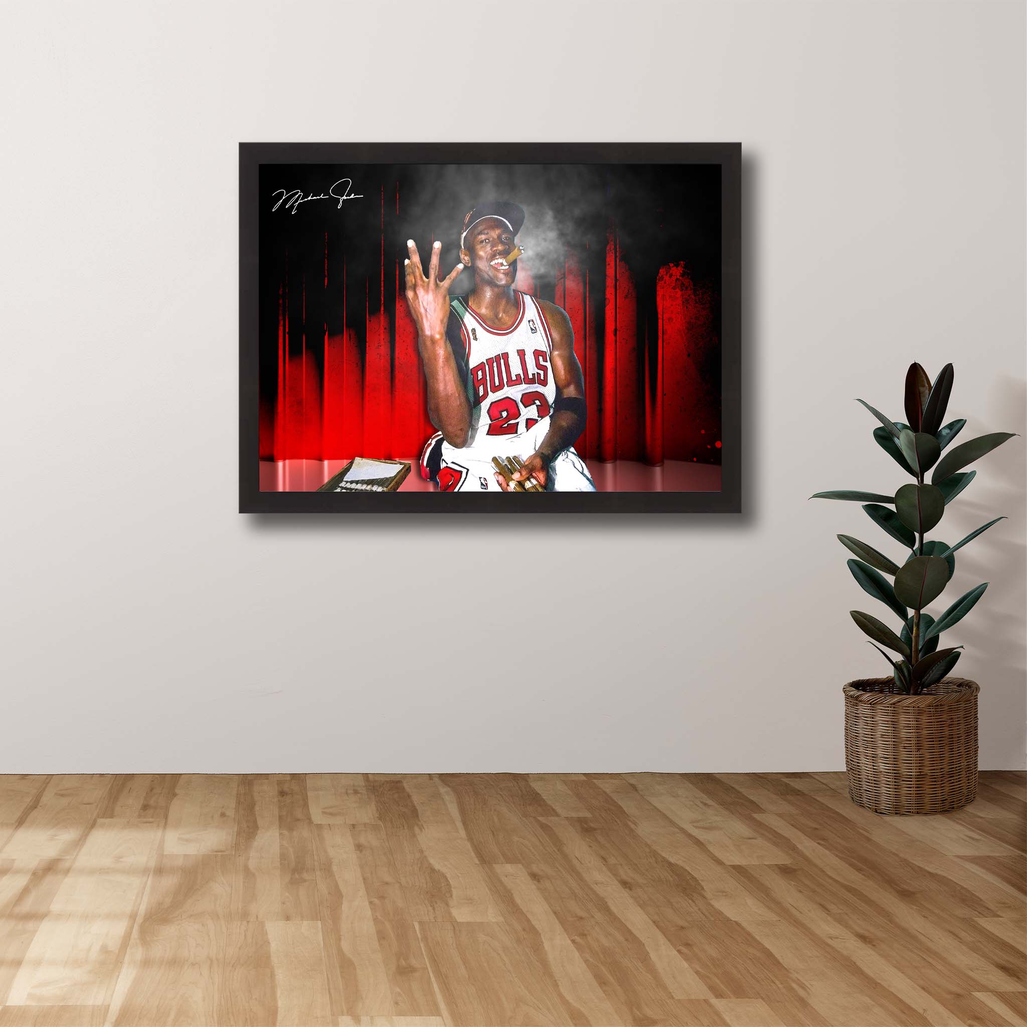 Devoted Chicago Bulls fan's tribute: MJ framed art proudly displayed on the wall.