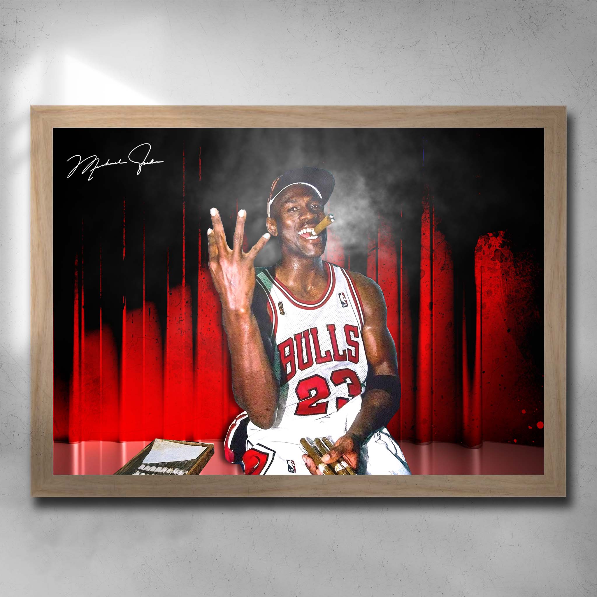 Oak framed NBA art featuring Chicago Bulls legend Michael Jordan smoking a cigar - Artwork by Sports Cave.