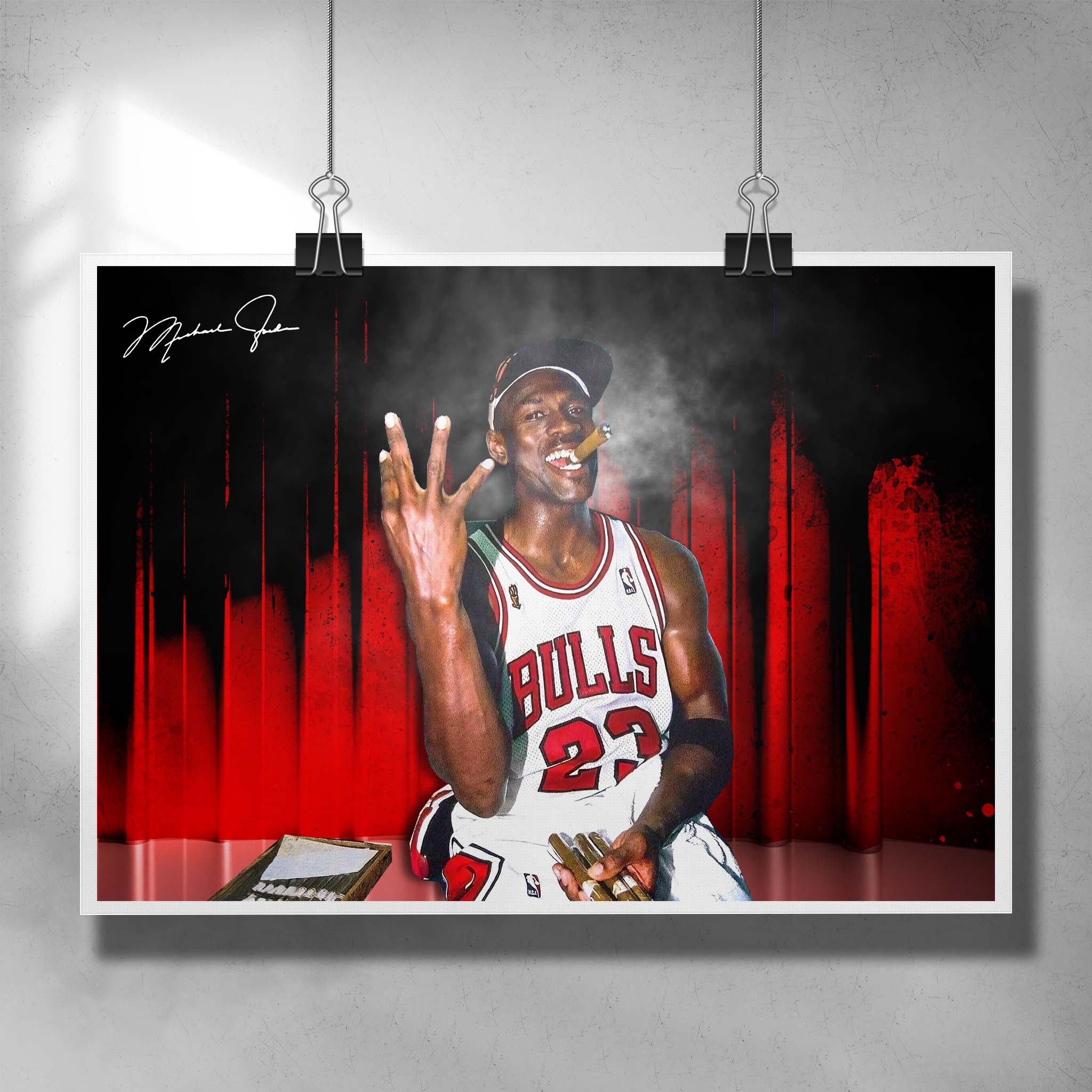 Unique Michael Jordan poster featuring the Chicago Bulls legend smoking a cigar - Artwork by Sports Cave.