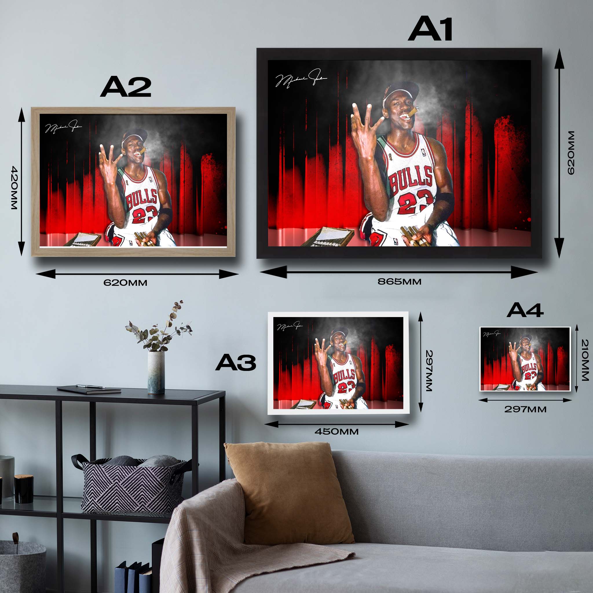 Visual representation of Michael Jordan Cigar framed art size options, ranging from A4 to A2, for selecting the right size for your space.