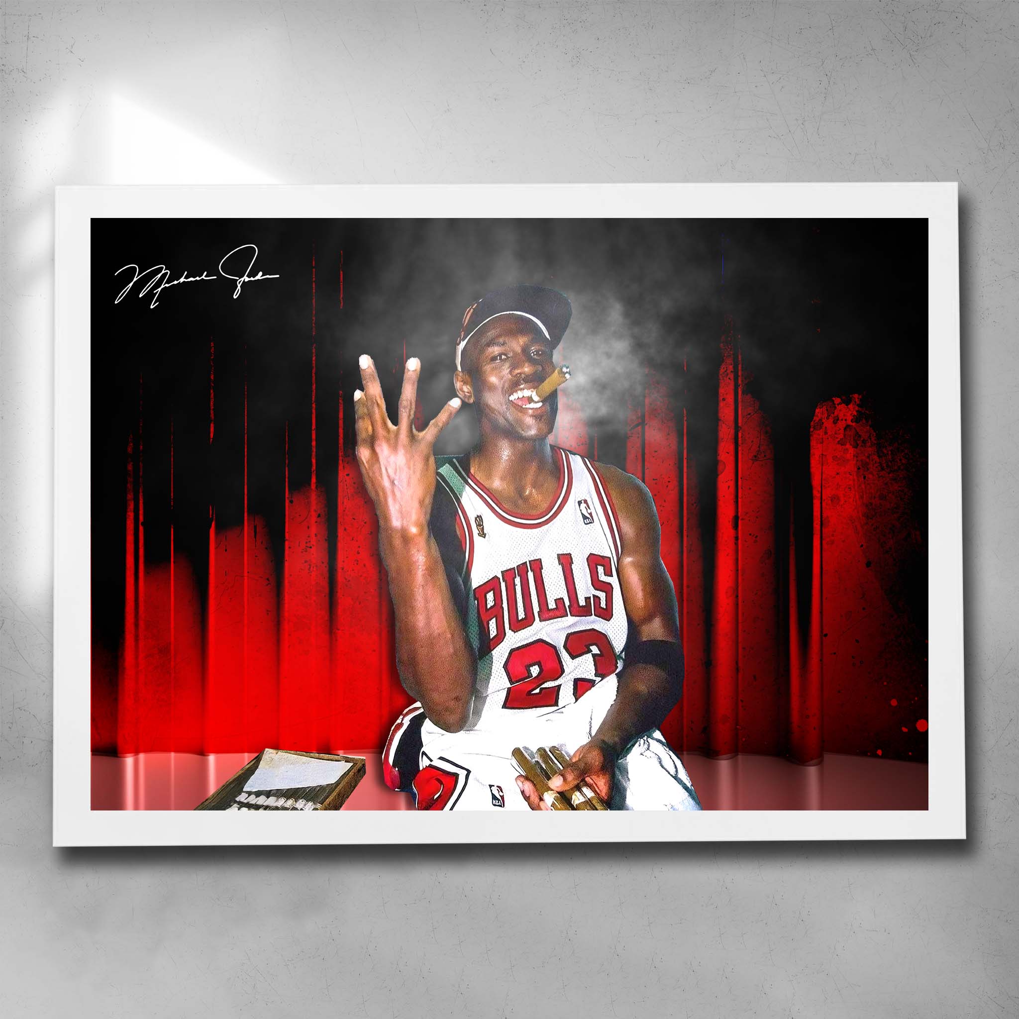 White framed NBA art featuring Chicago Bulls legend Michael Jordan smoking a cigar - Artwork by Sports Cave.