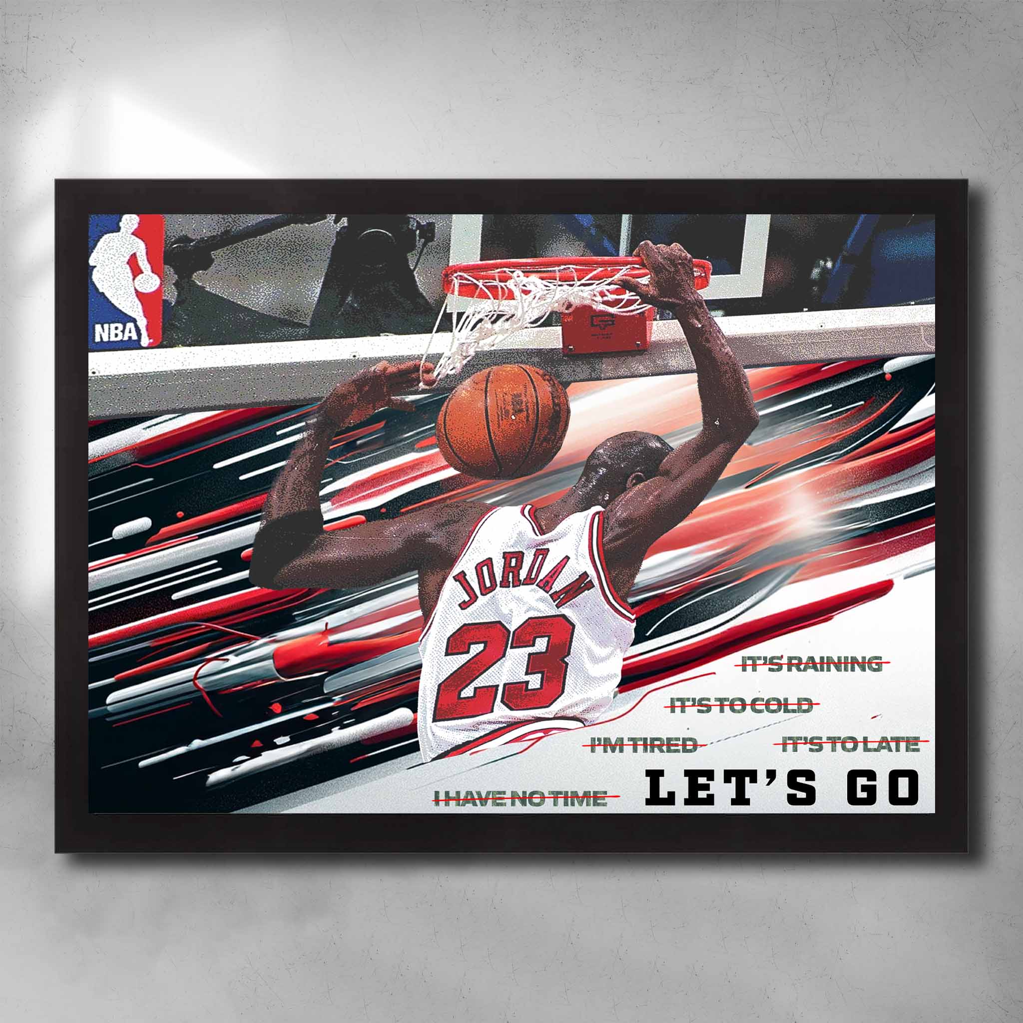 Black framed NBA art by Sports Cave, featuring Michael Jordan: Lets Go, motivational quote.