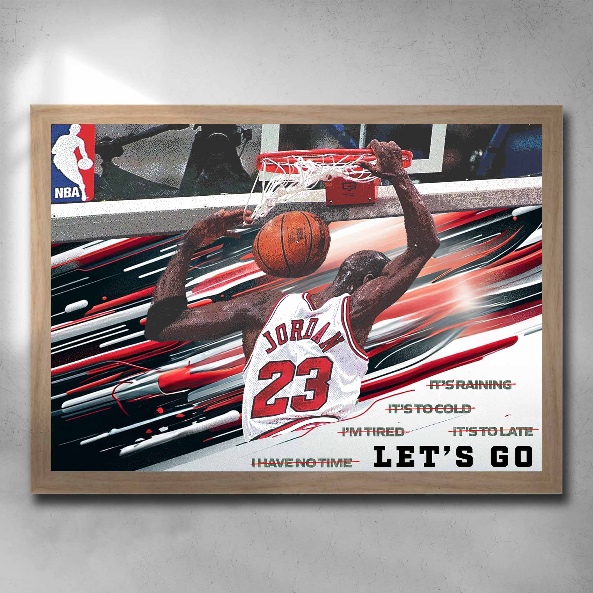 Oak framed NBA art by Sports Cave, featuring Michael Jordan: Lets Go, motivational quote.