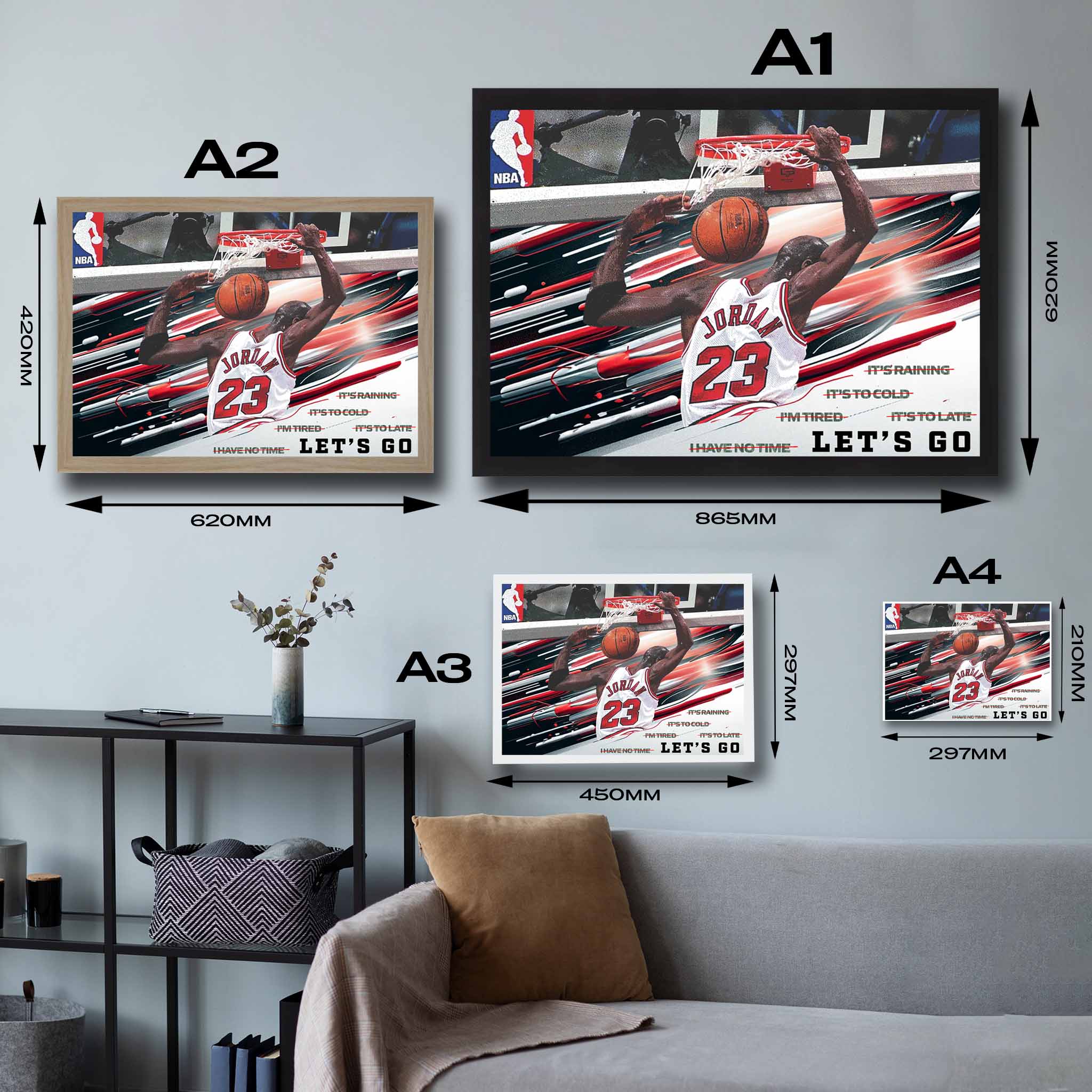 Visual representation of Let's Go Michael Jordan motivational framed art size options, ranging from A4 to A2, for selecting the right size for your space.